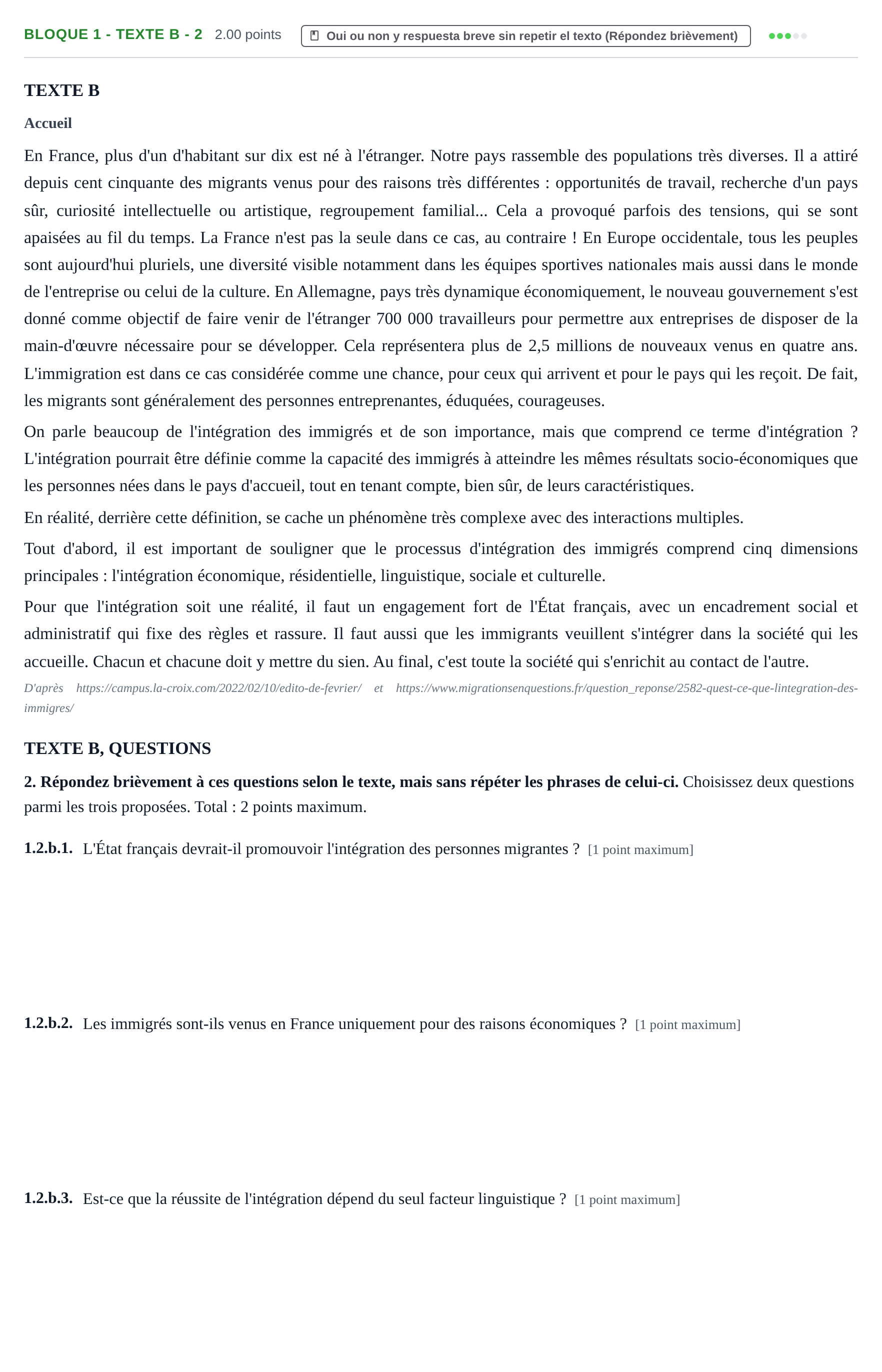 Enunciado: Bloque 1 - Texte B - 2 · Francés PAU Extremadura Extraordinaria 2022