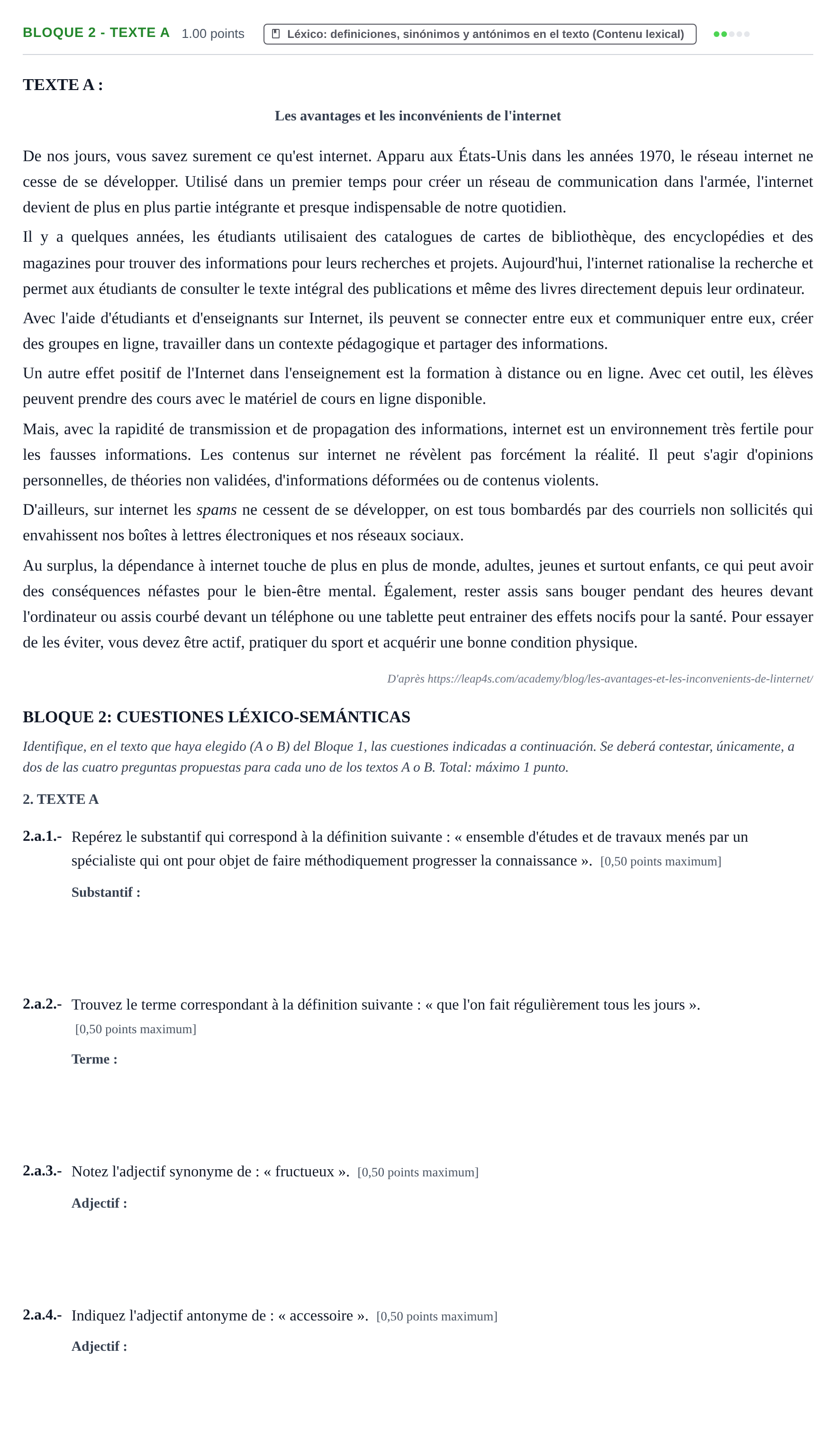 Enunciado: Bloque 2 - Texte A · Francés PAU Extremadura Extraordinaria 2022