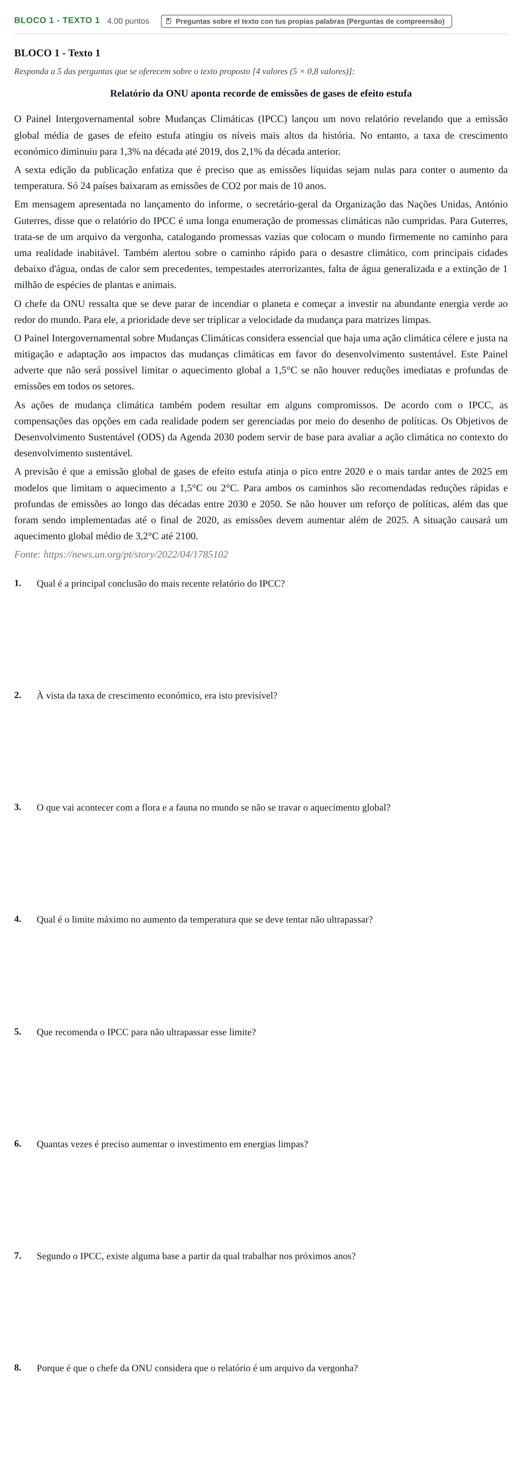 Enunciado: Ejercicio Bloco 1 - Texto 1 · Portugués PAU Extremadura Extraordinaria 2022