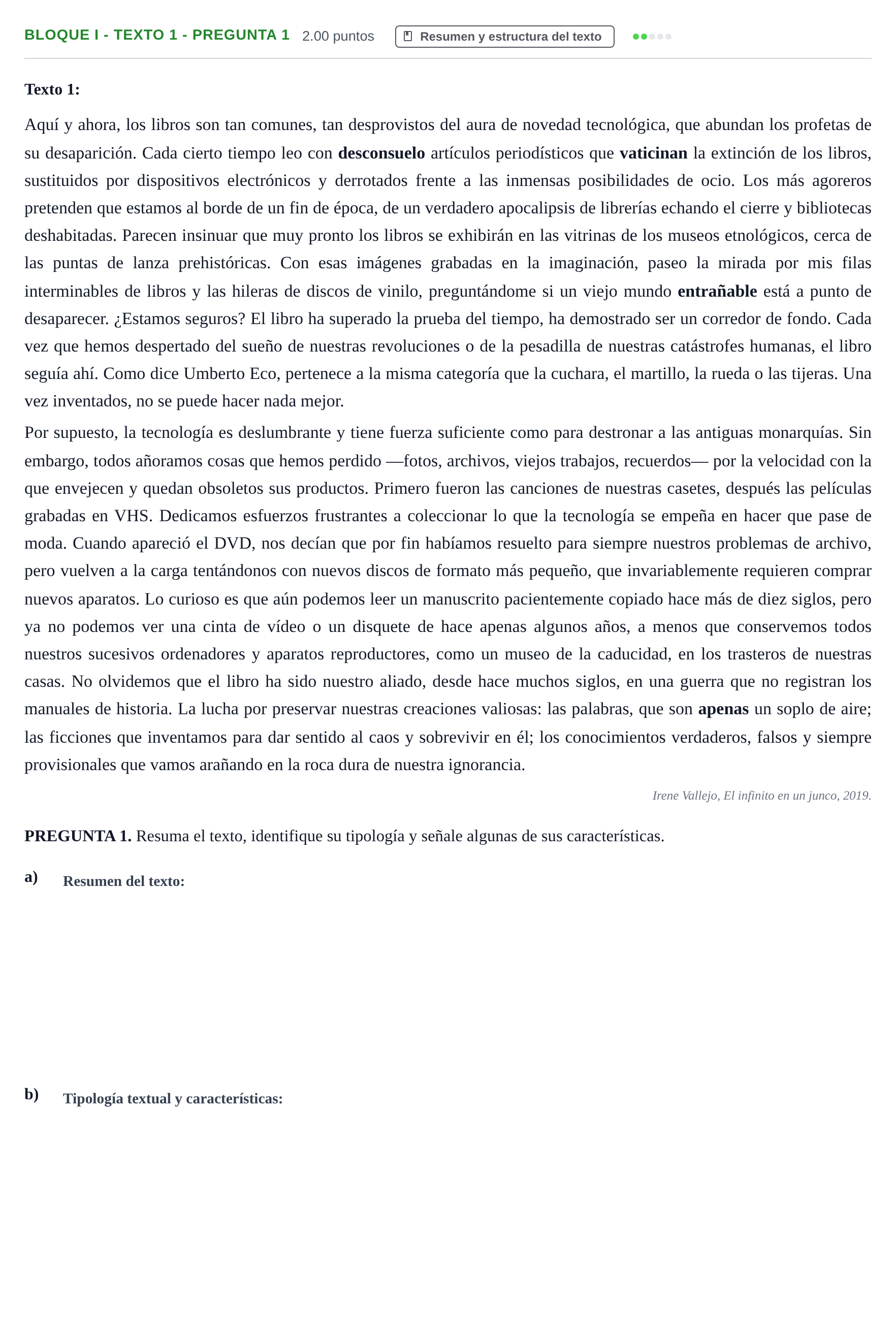Enunciado: Bloque I - Texto 1 - Pregunta 1 · Lengua Castellana y Literatura II PAU Extremadura Ordinaria 2021