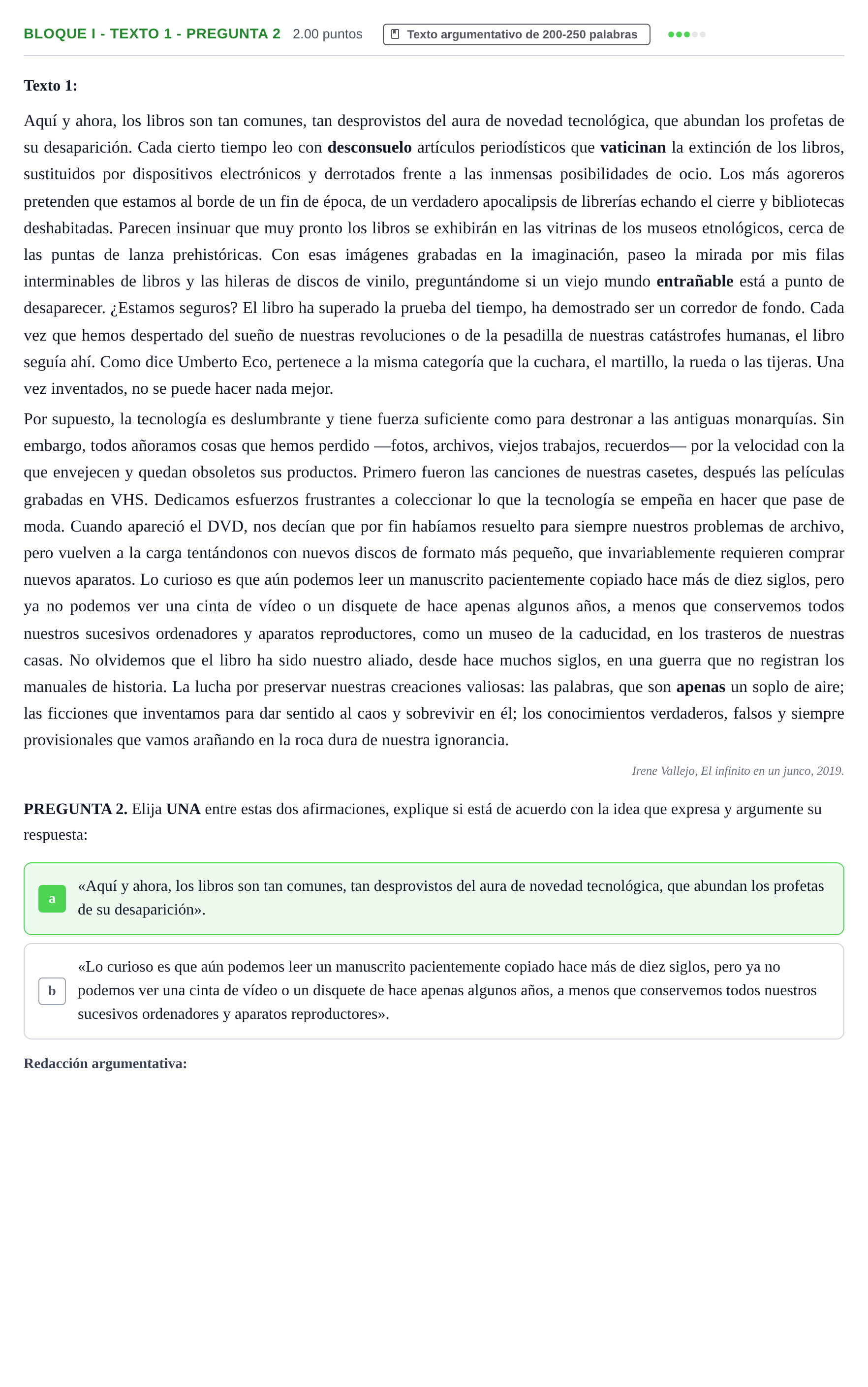 Enunciado: Bloque I - Texto 1 - Pregunta 2 · Lengua Castellana y Literatura II PAU Extremadura Ordinaria 2021
