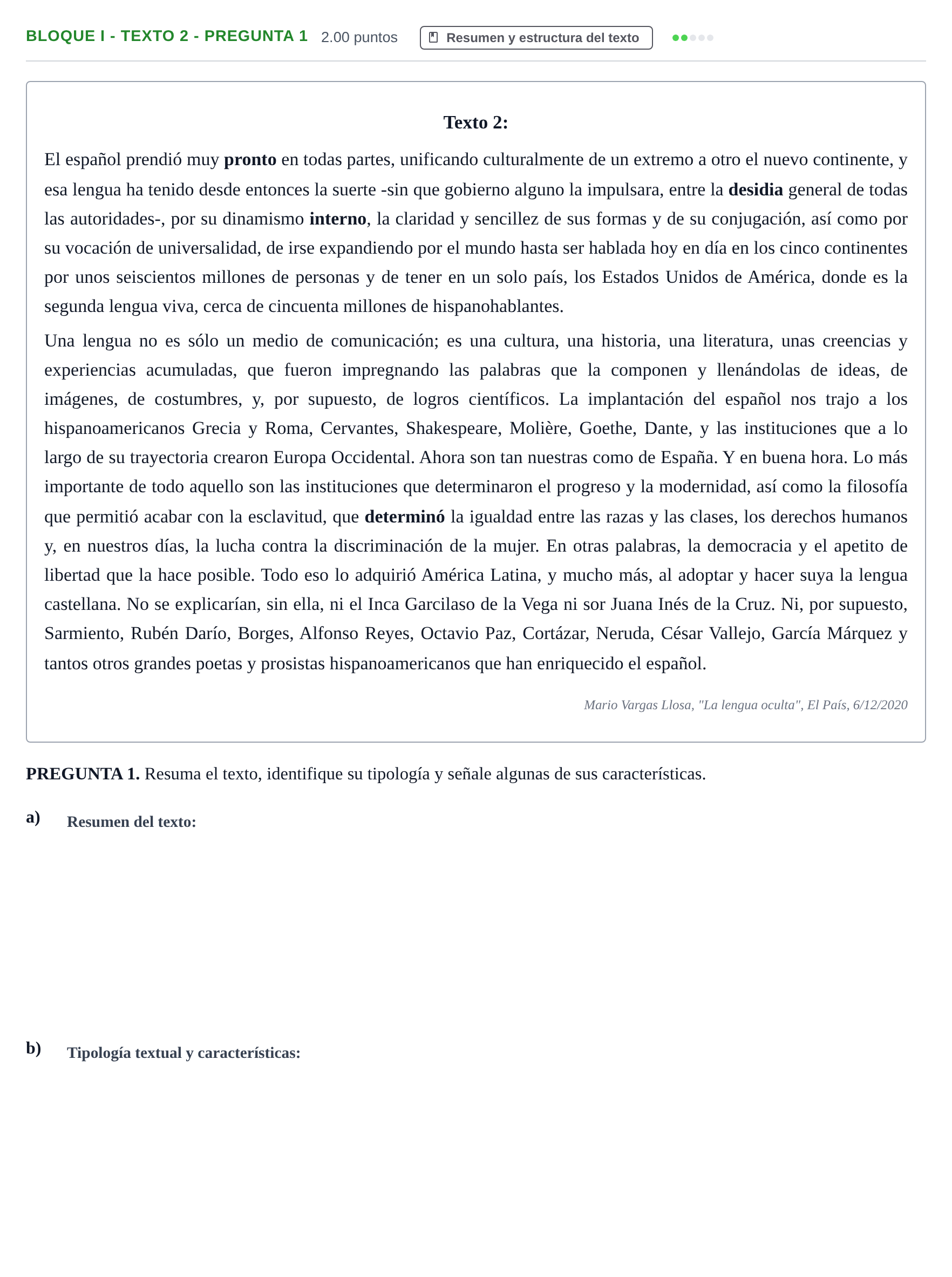 Enunciado: Bloque I - Texto 2 - Pregunta 1 · Lengua Castellana y Literatura II PAU Extremadura Ordinaria 2021