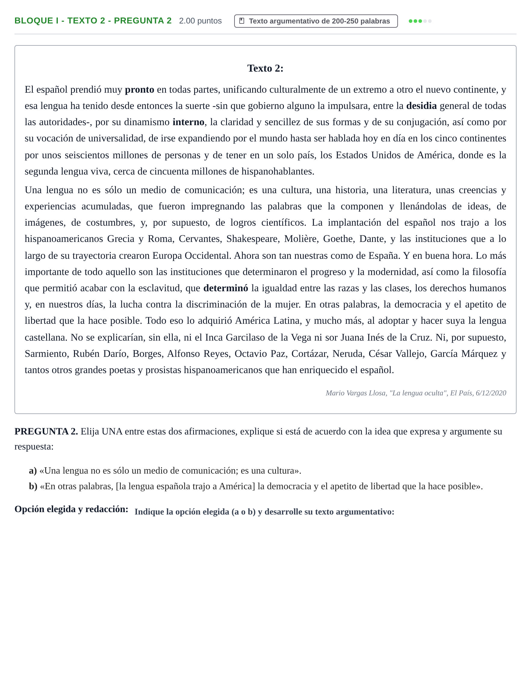 Enunciado: Bloque I - Texto 2 - Pregunta 2 · Lengua Castellana y Literatura II PAU Extremadura Ordinaria 2021