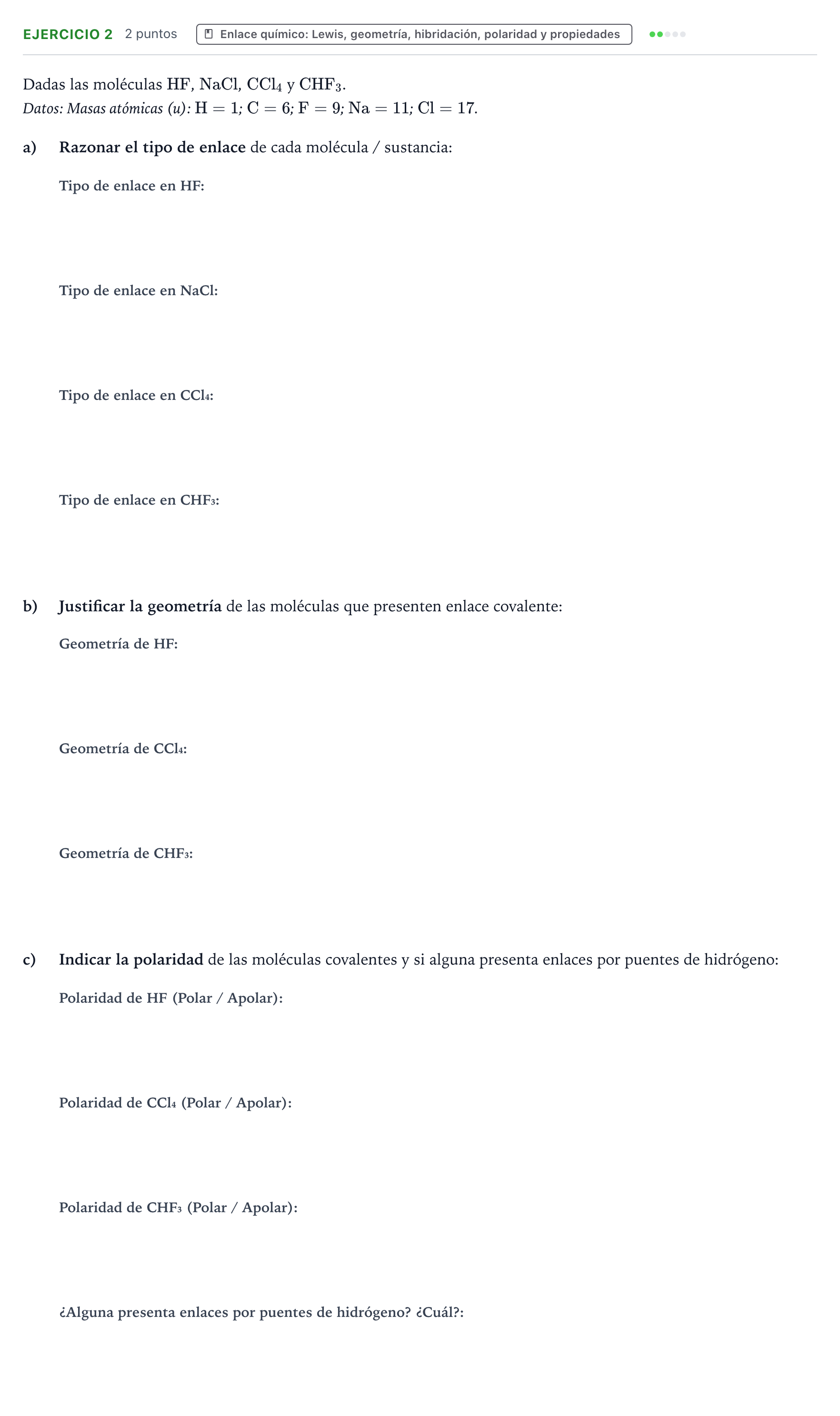 Enunciado: Problema 2 · Química PAU Extremadura Ordinaria 2021