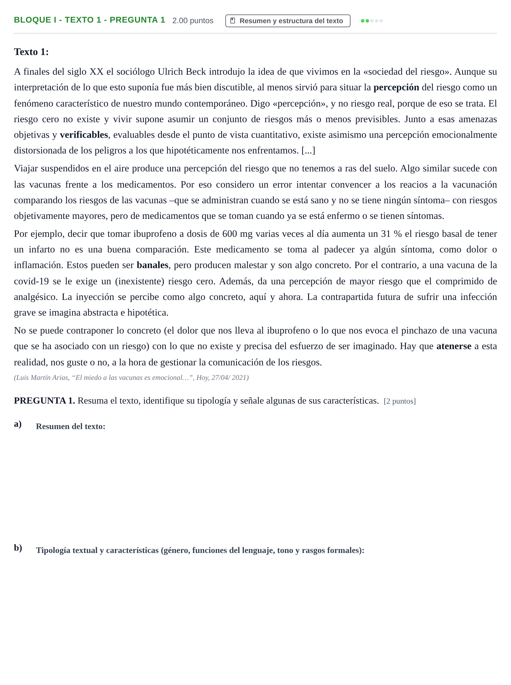 Enunciado: Bloque I - Texto 1 - Pregunta 1 · Lengua Castellana y Literatura II PAU Extremadura Extraordinaria 2021