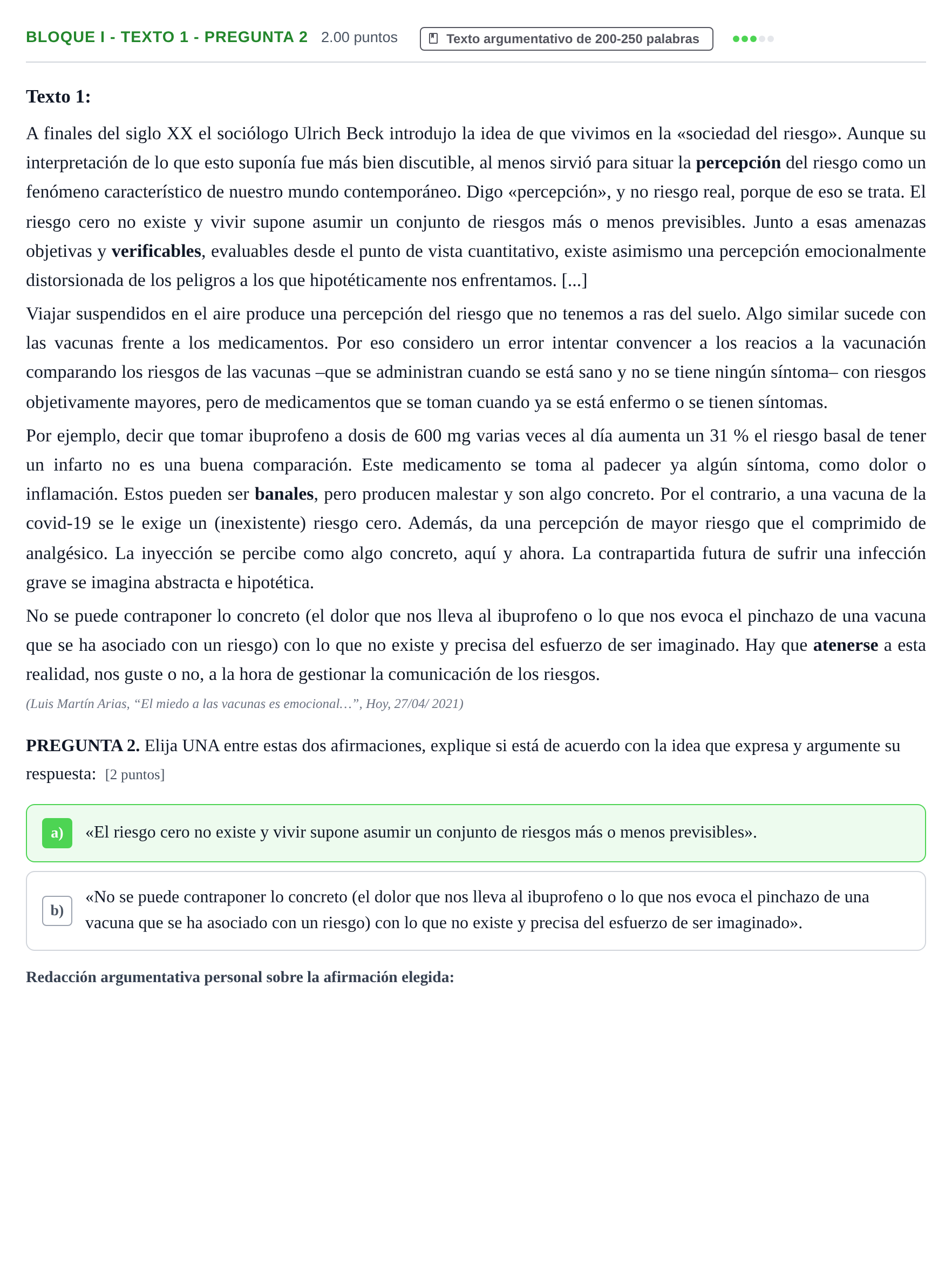 Enunciado: Bloque I - Texto 1 - Pregunta 2 · Lengua Castellana y Literatura II PAU Extremadura Extraordinaria 2021