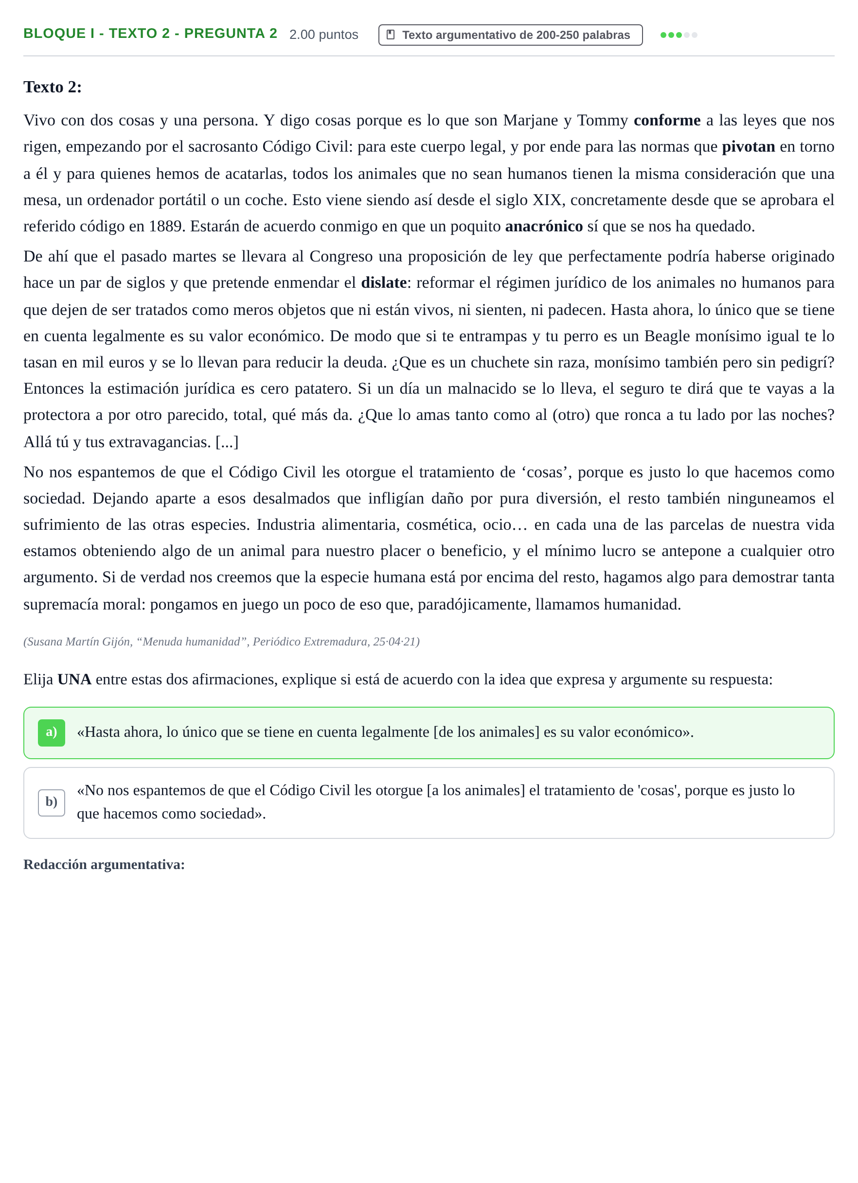 Enunciado: Bloque I - Texto 2 - Pregunta 2 · Lengua Castellana y Literatura II PAU Extremadura Extraordinaria 2021