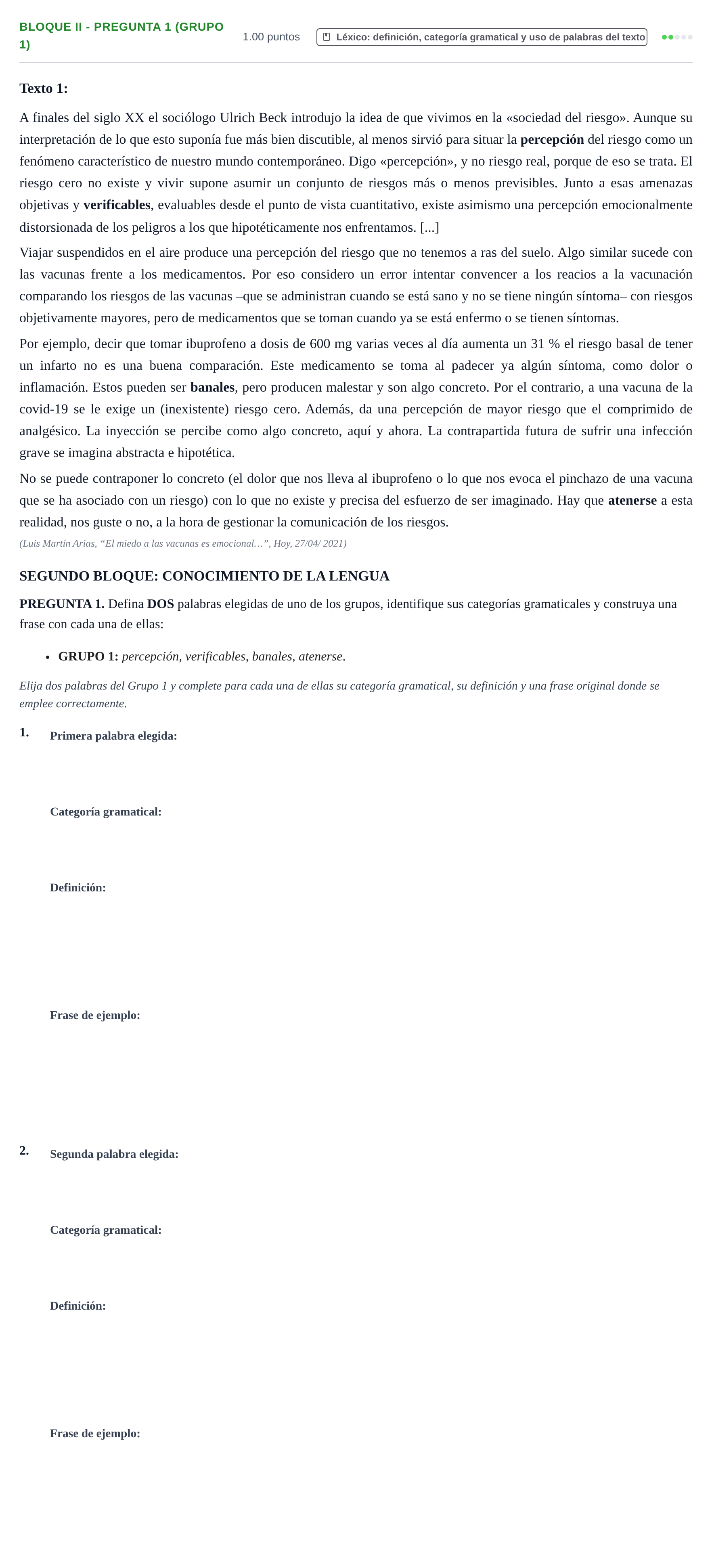 Enunciado: Bloque II - Pregunta 1 (Grupo 1) · Lengua Castellana y Literatura II PAU Extremadura Extraordinaria 2021