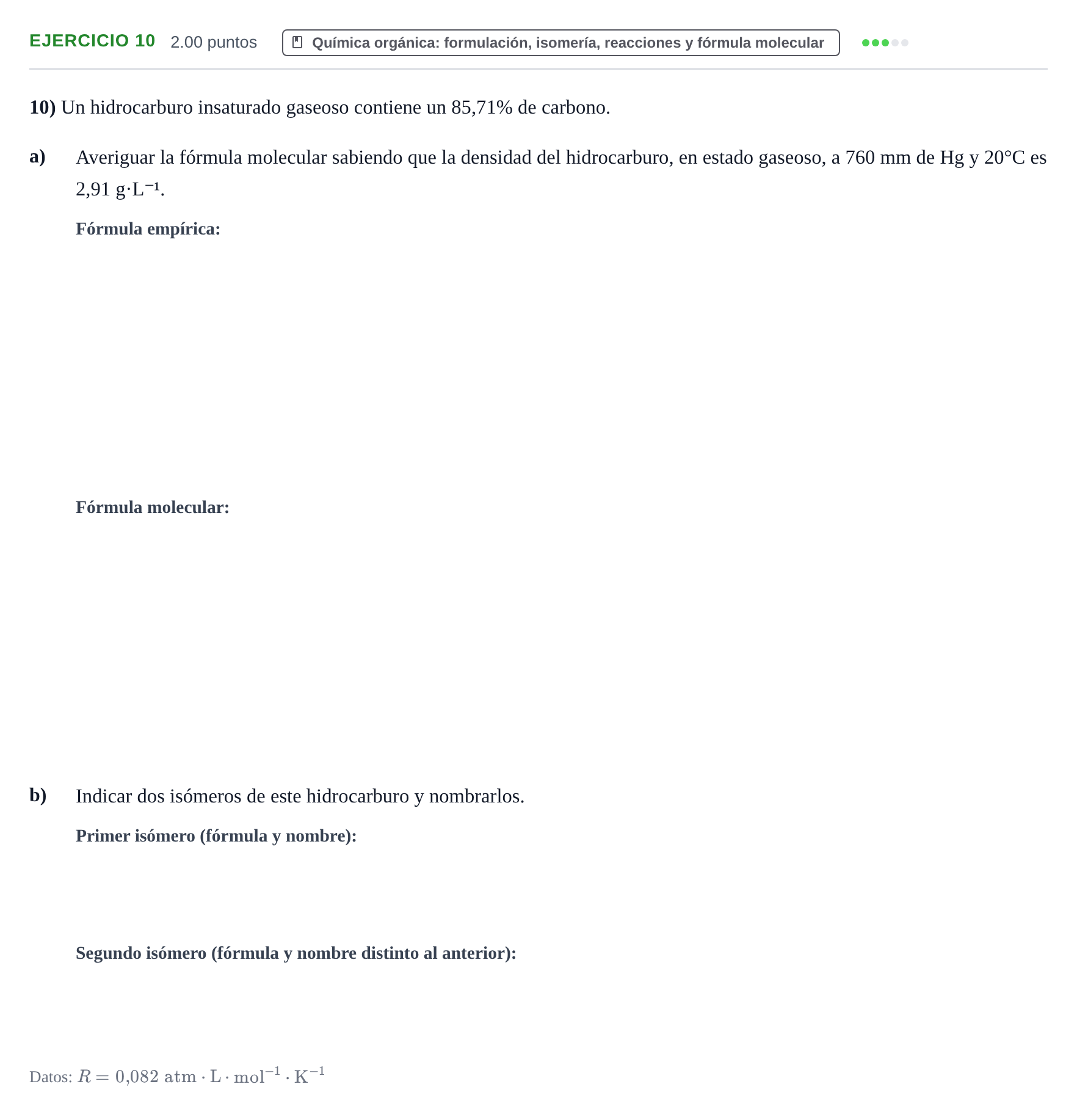 Enunciado: Problema 10 · Química PAU Extremadura Extraordinaria 2021
