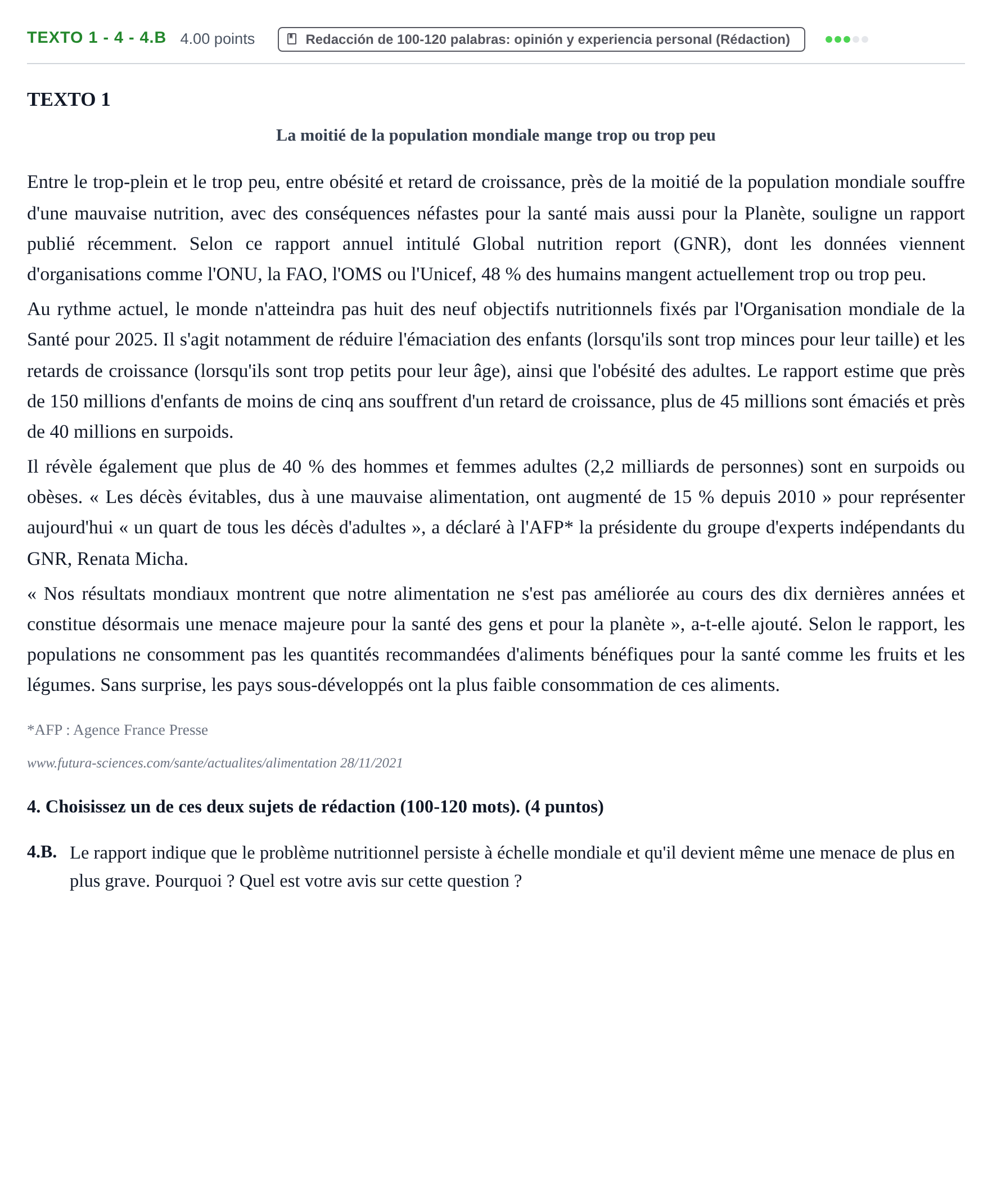 Enunciado: Ejercicio Texto 1 - 4 - 4.B · Francés PAU Asturias Ordinaria (2ª lengua extranjera) 2022