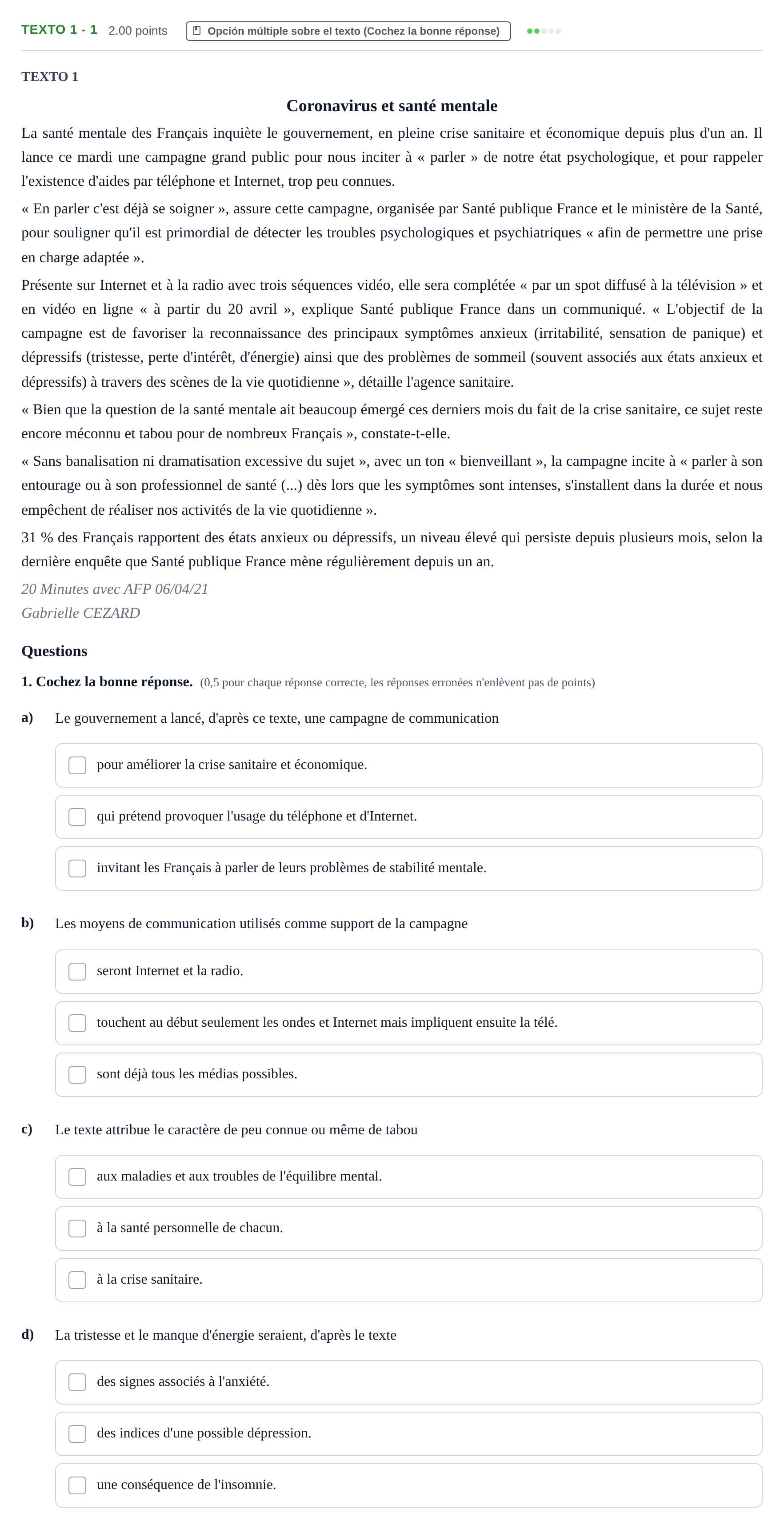 Enunciado: Ejercicio Texto 1 - 1 · Francés PAU Asturias Extraordinaria 2022