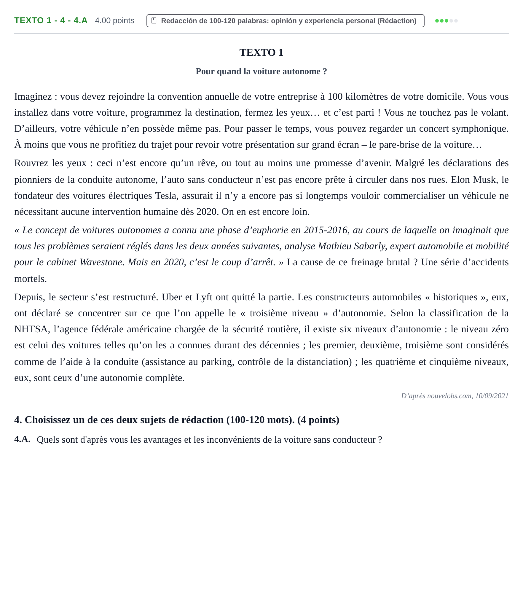 Enunciado: Ejercicio Texto 1 - 4 - 4.A · Francés PAU Asturias Ordinaria 2022