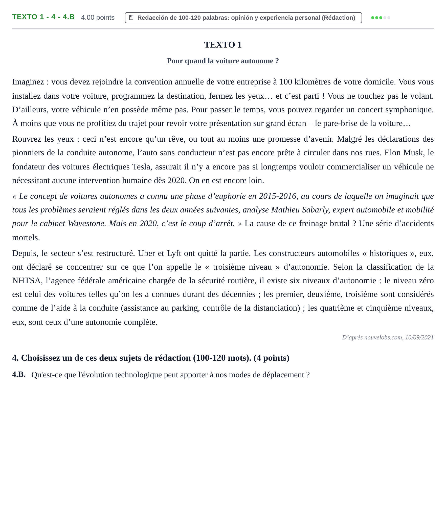 Enunciado: Ejercicio Texto 1 - 4 - 4.B · Francés PAU Asturias Ordinaria 2022