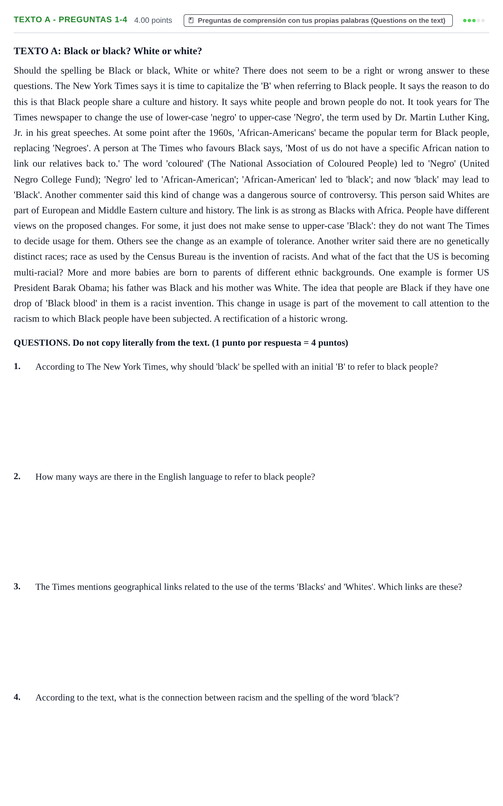Enunciado: Ejercicio Texto A - Preguntas 1-4 · Inglés PAU Asturias Ordinaria (2ª lengua extranjera) 2022