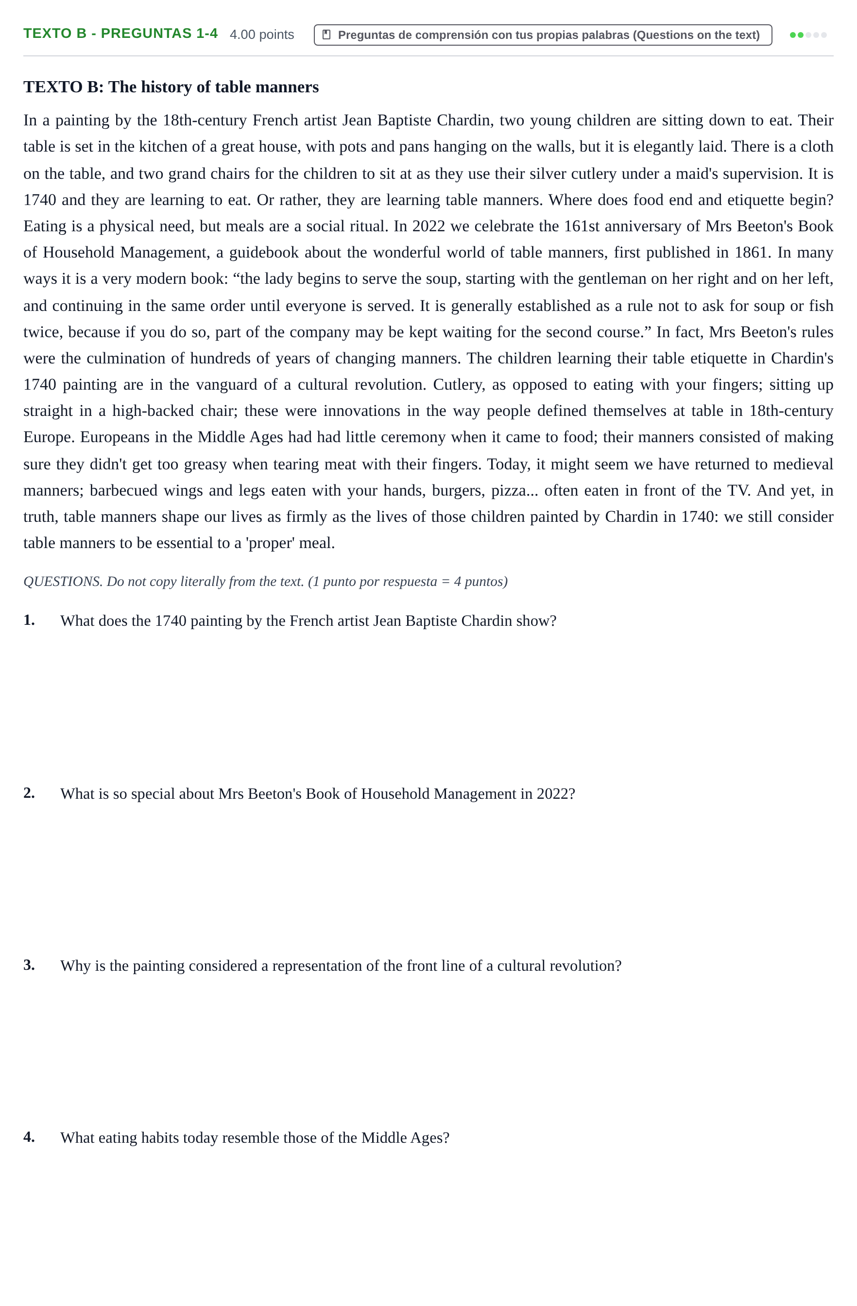 Enunciado: Ejercicio Texto B - Preguntas 1-4 · Inglés PAU Asturias Extraordinaria 2022