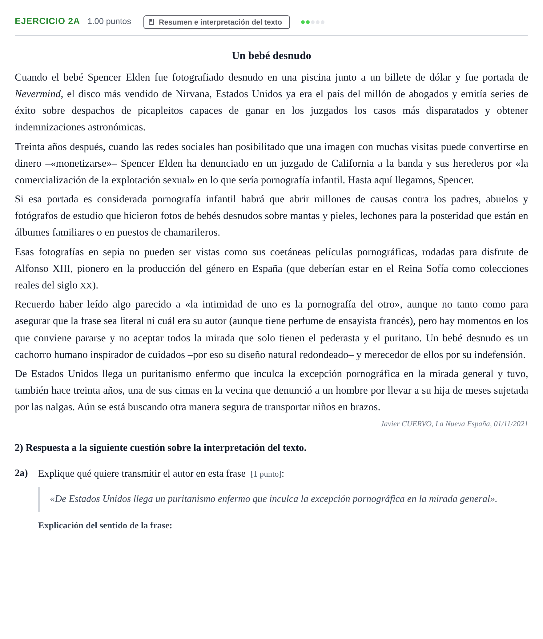 Enunciado: Ejercicio 2a · Lengua Castellana y Literatura II PAU Asturias Extraordinaria 2022