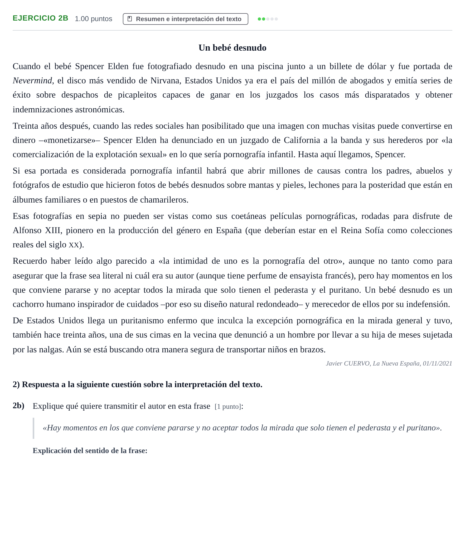 Enunciado: Ejercicio 2b · Lengua Castellana y Literatura II PAU Asturias Extraordinaria 2022