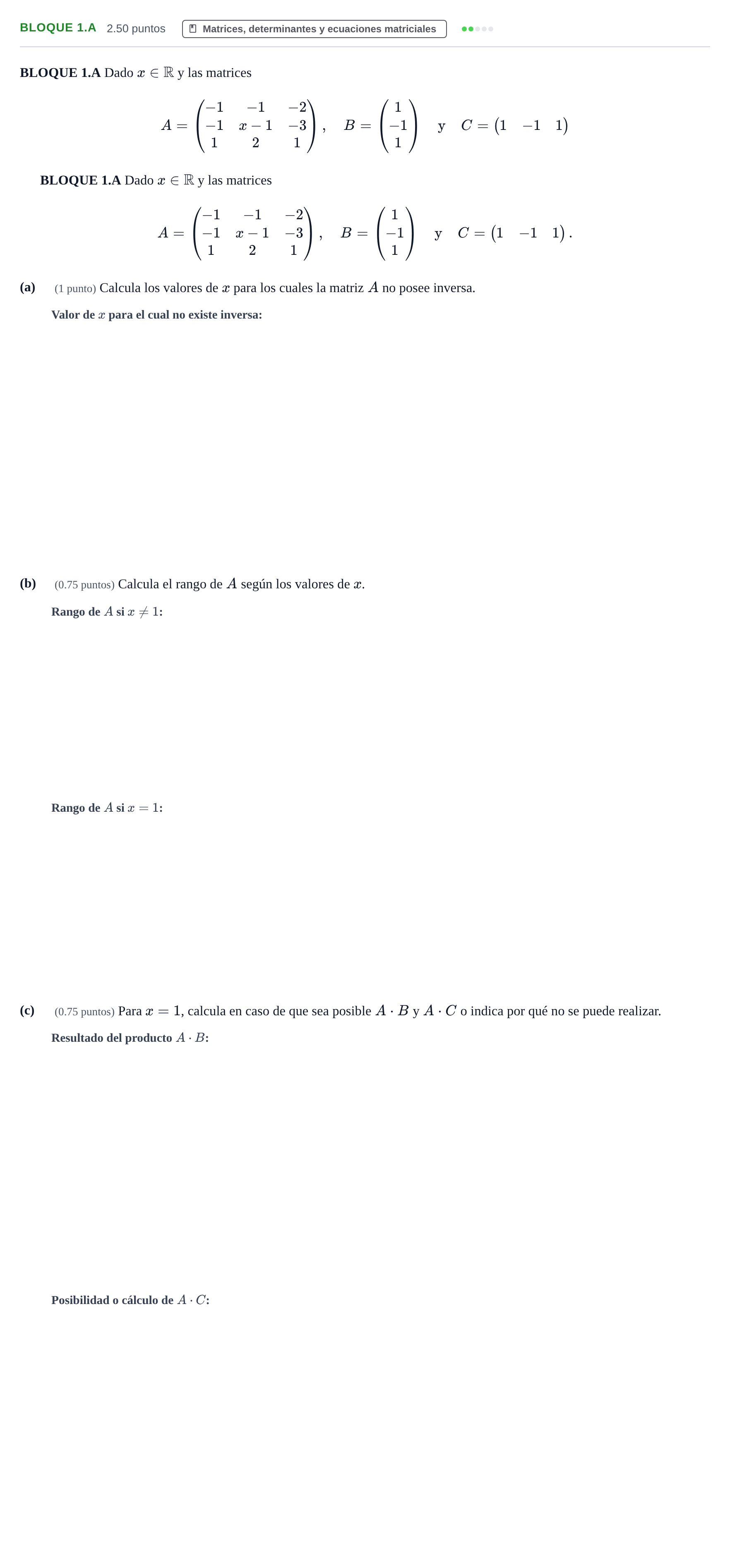 Enunciado: Bloque 1.A · Matemáticas II PAU Asturias Extraordinaria 2022
