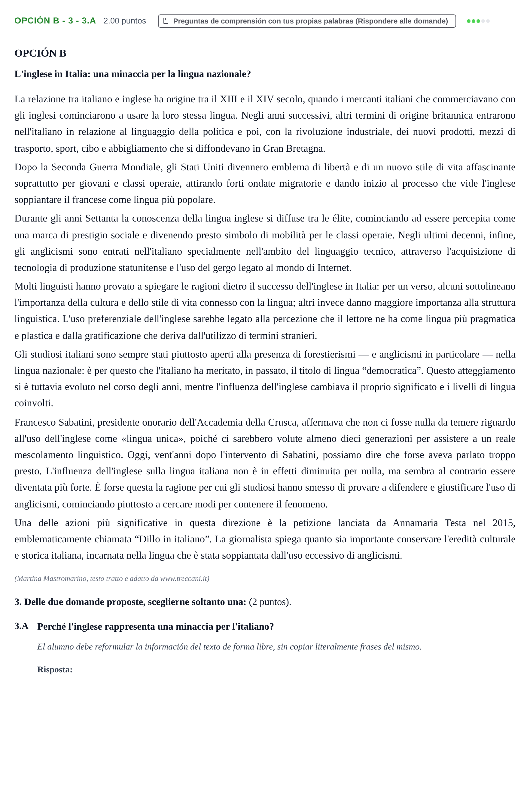 Enunciado: Opción B - 3 - 3.A · Italiano PAU Asturias Extraordinaria (2ª lengua extranjera) 2022