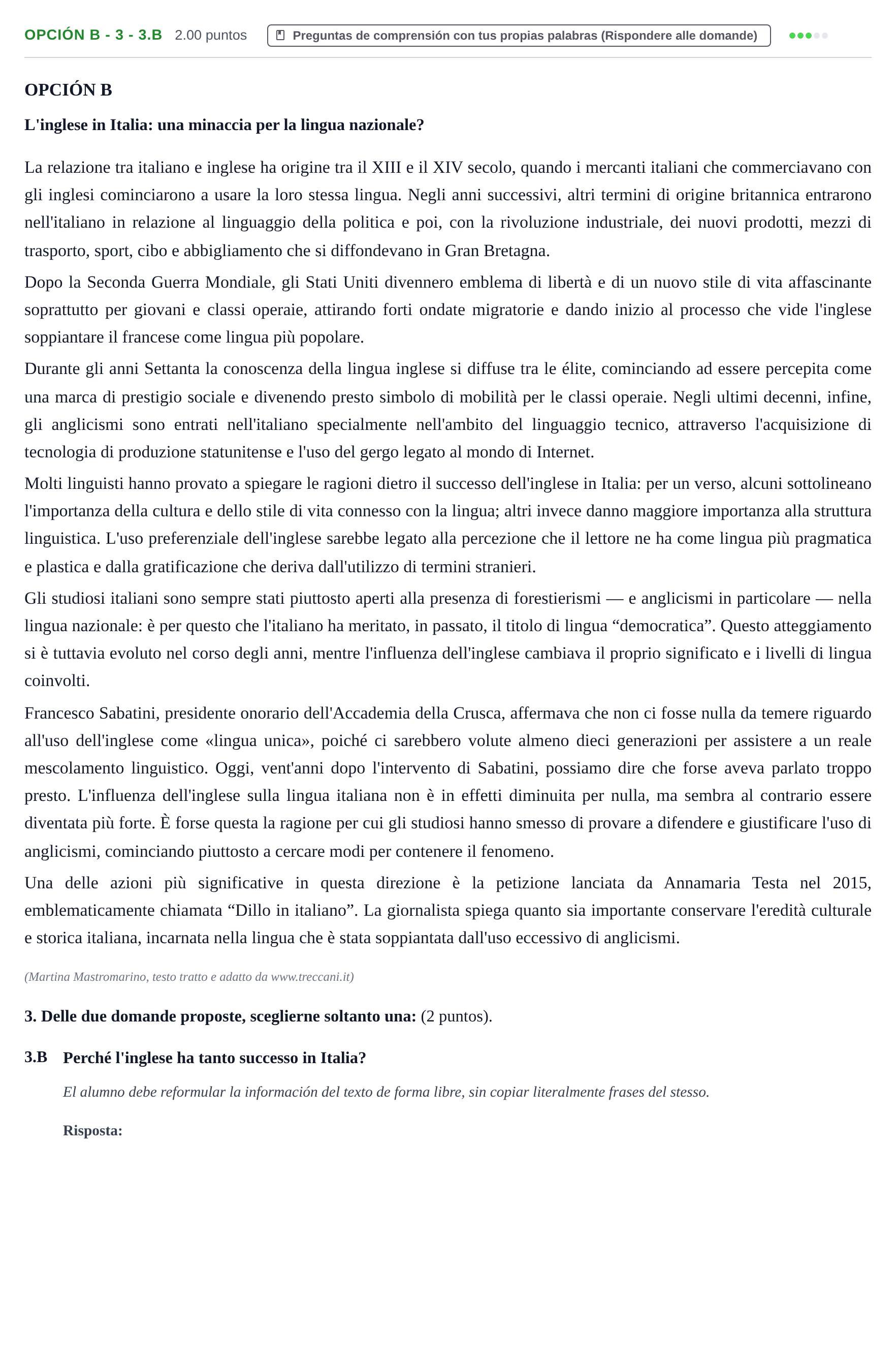 Enunciado: Opción B - 3 - 3.B · Italiano PAU Asturias Extraordinaria (2ª lengua extranjera) 2022