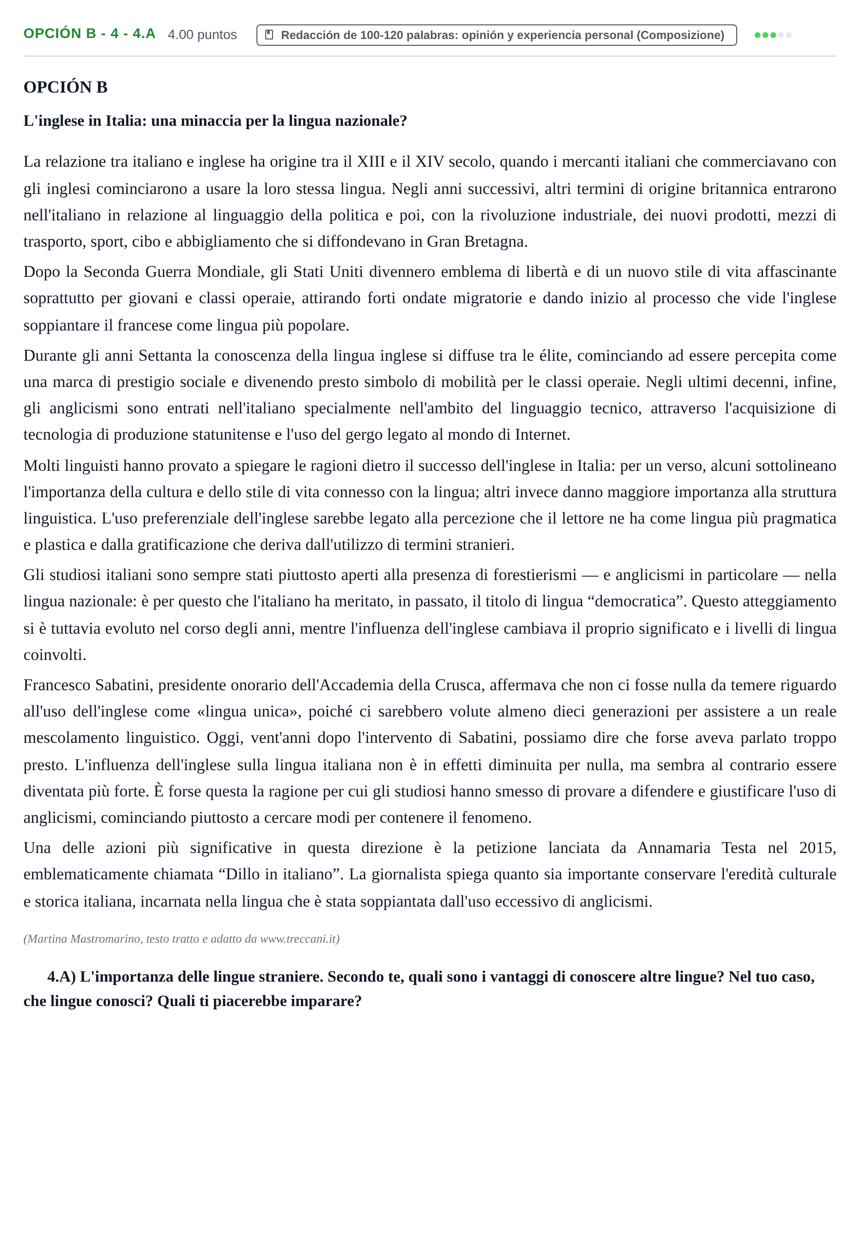 Enunciado: Opción B - 4 - 4.A · Italiano PAU Asturias Extraordinaria (2ª lengua extranjera) 2022