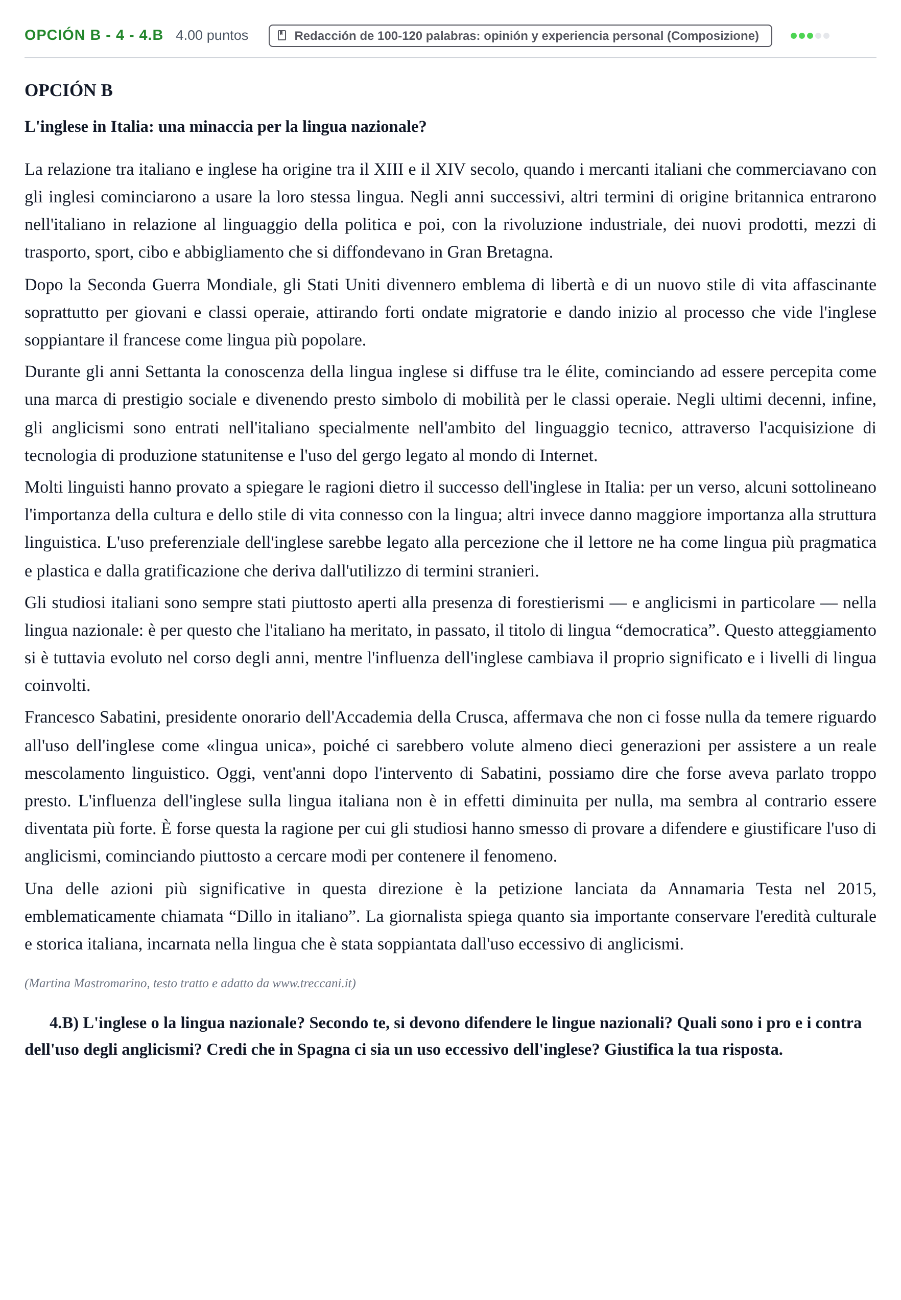 Enunciado: Opción B - 4 - 4.B · Italiano PAU Asturias Extraordinaria (2ª lengua extranjera) 2022