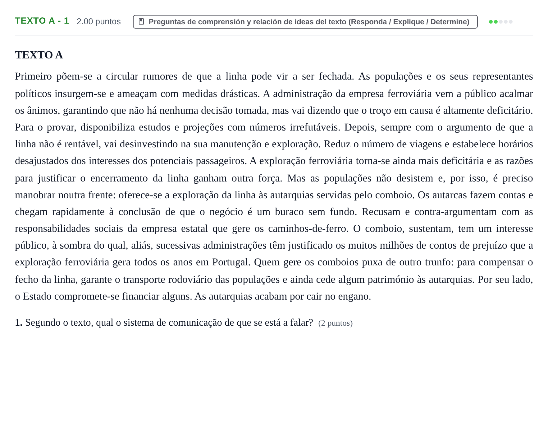 Enunciado: Ejercicio Texto A - 1 · Portugués PAU Asturias Ordinaria (2ª lengua extranjera) 2022