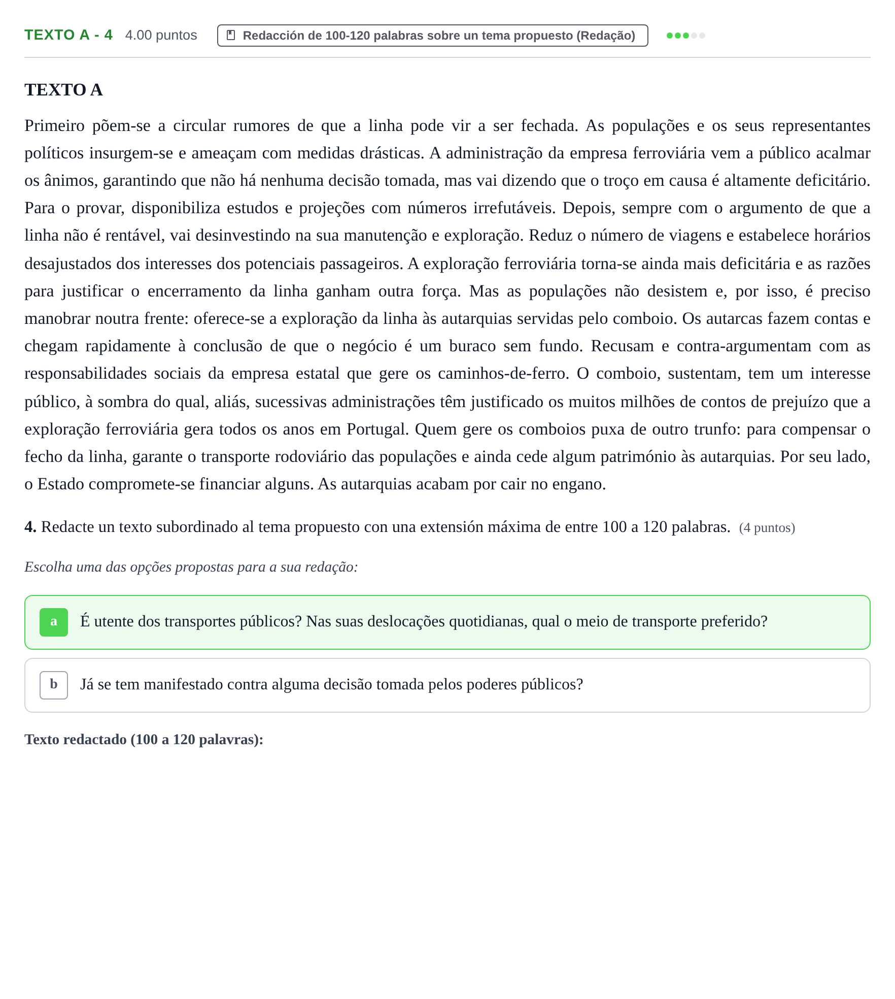 Enunciado: Ejercicio Texto A - 4 · Portugués PAU Asturias Ordinaria (2ª lengua extranjera) 2022