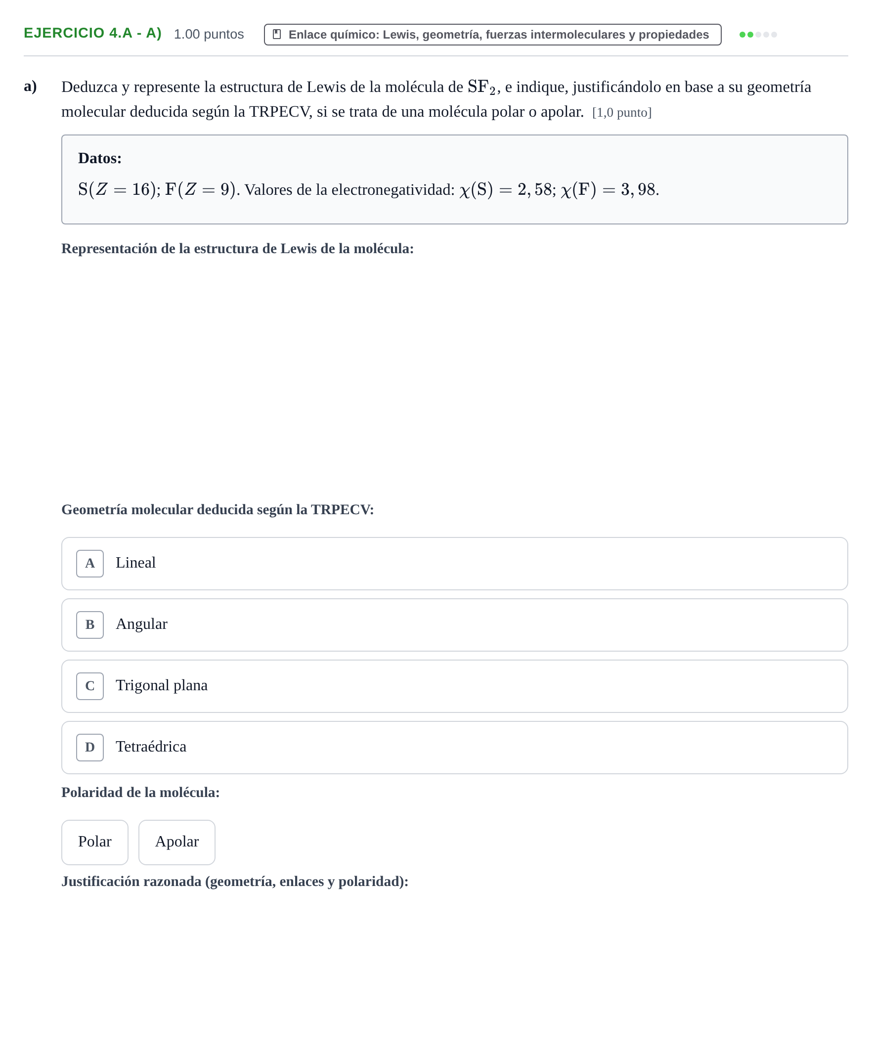 Enunciado: Ejercicio 4.A - a) · Química PAU Asturias Extraordinaria 2022