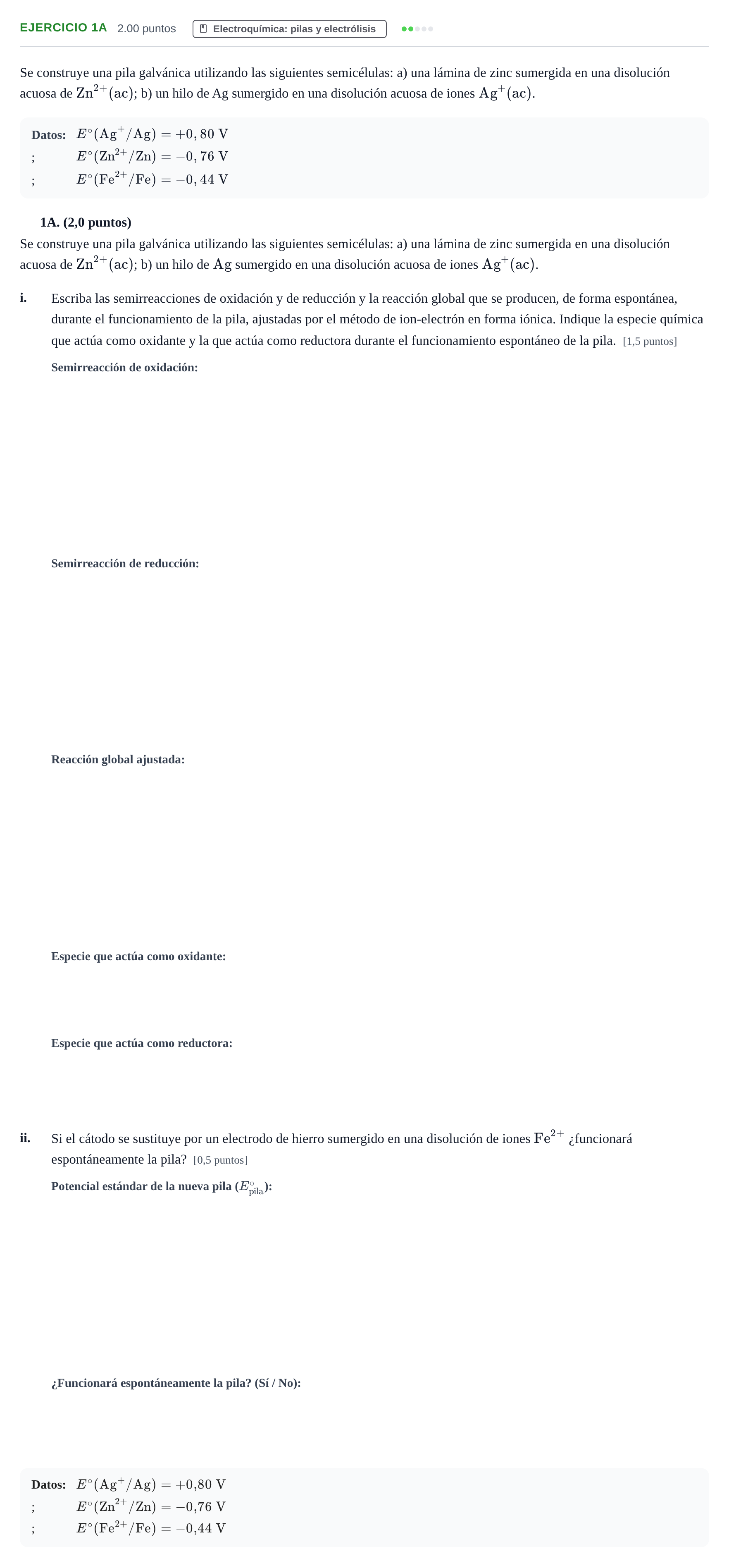 Enunciado: Ejercicio 1A · Química PAU Asturias Ordinaria 2022