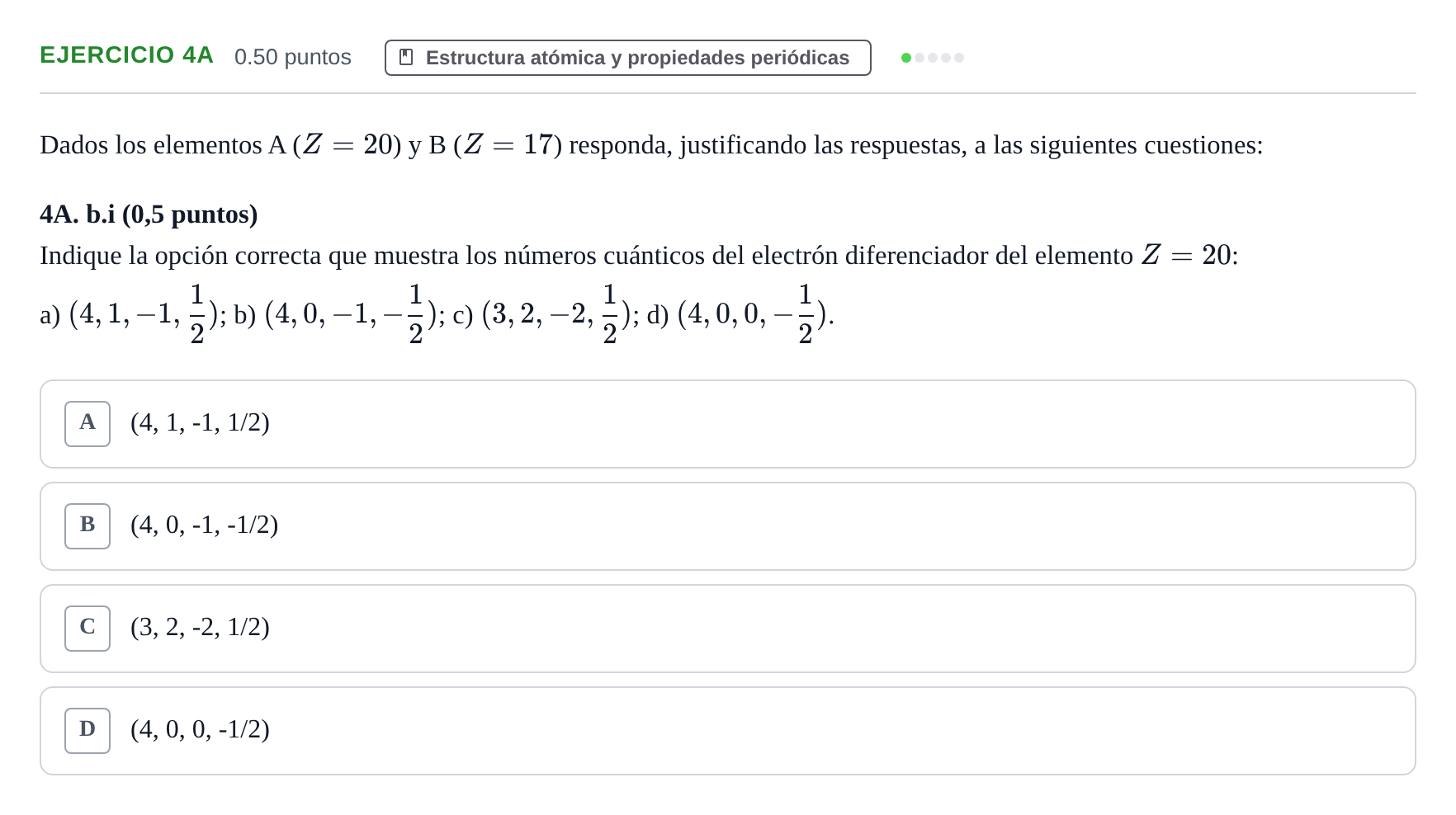 Enunciado: Ejercicio 4A - Estructura atómica · Química PAU Asturias Ordinaria 2022