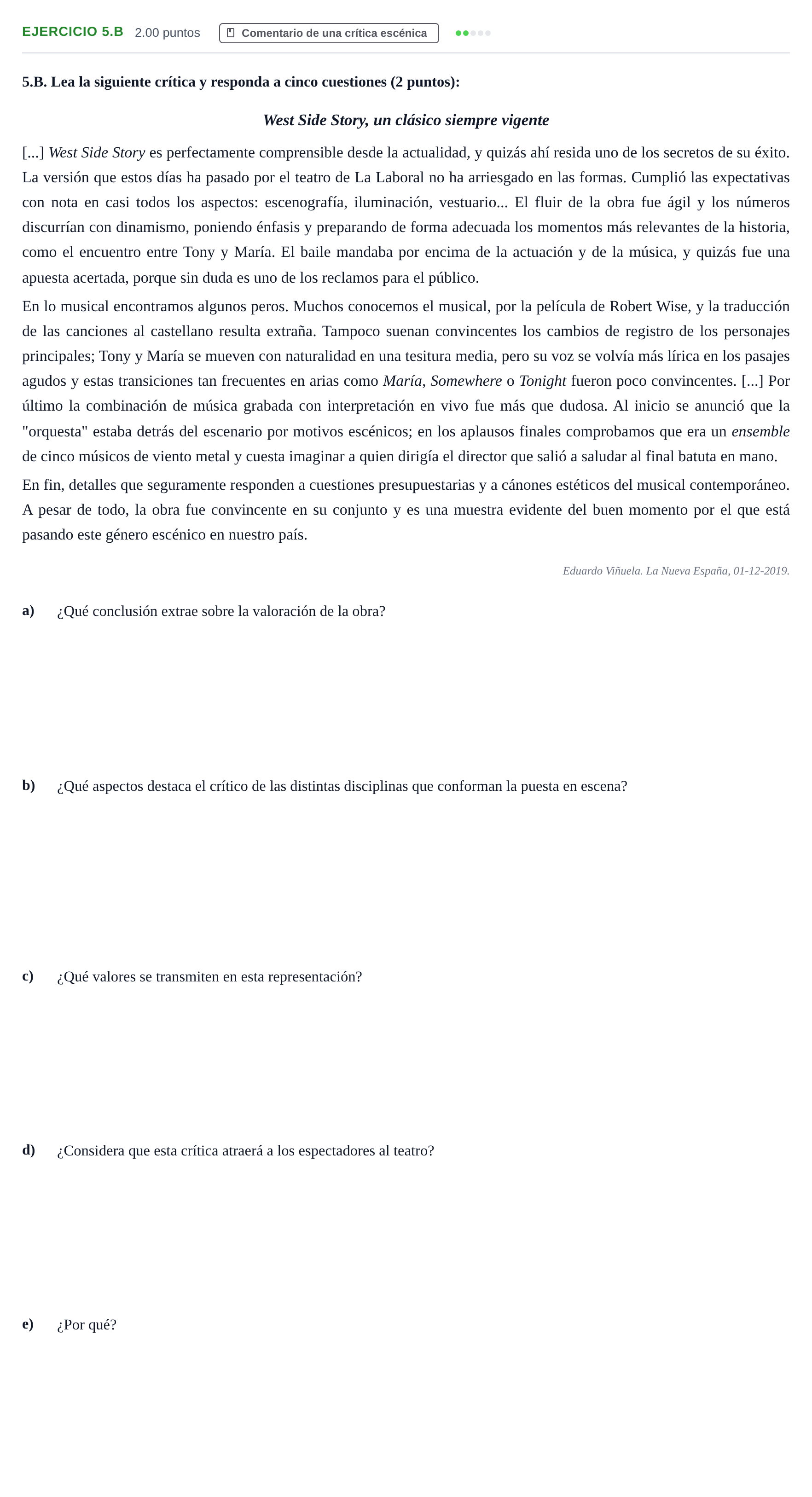Enunciado: Ejercicio 5.B · Artes Escénicas PAU Asturias Ordinaria 2021