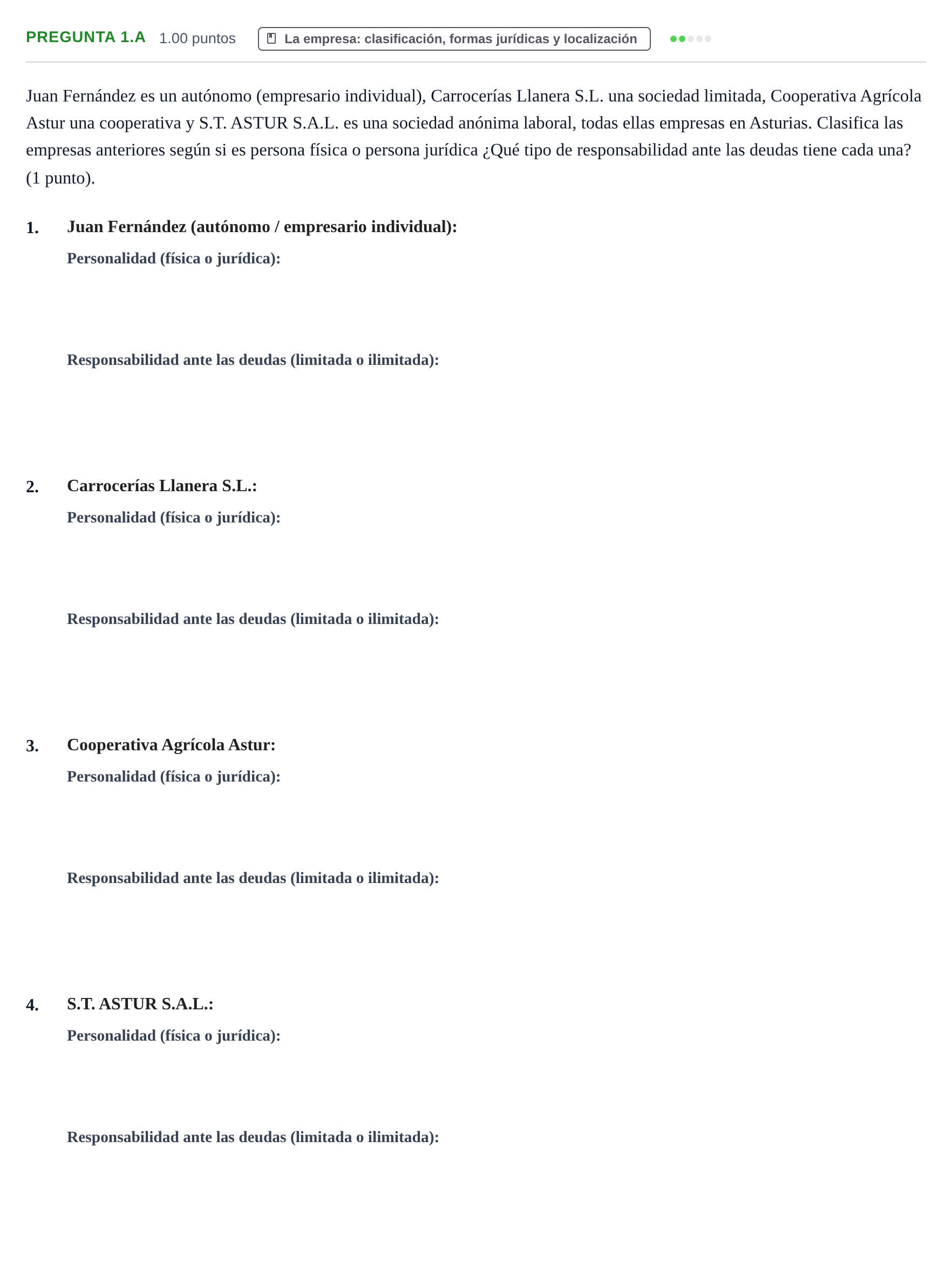 Enunciado: Pregunta 1.A · Empresa y Diseño de Modelos de Negocio PAU Asturias Ordinaria 2021