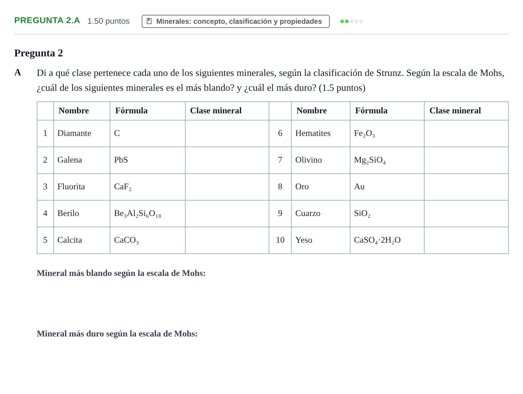 Enunciado: Pregunta 2.A · Geología y Ciencias Ambientales PAU Asturias Ordinaria 2021