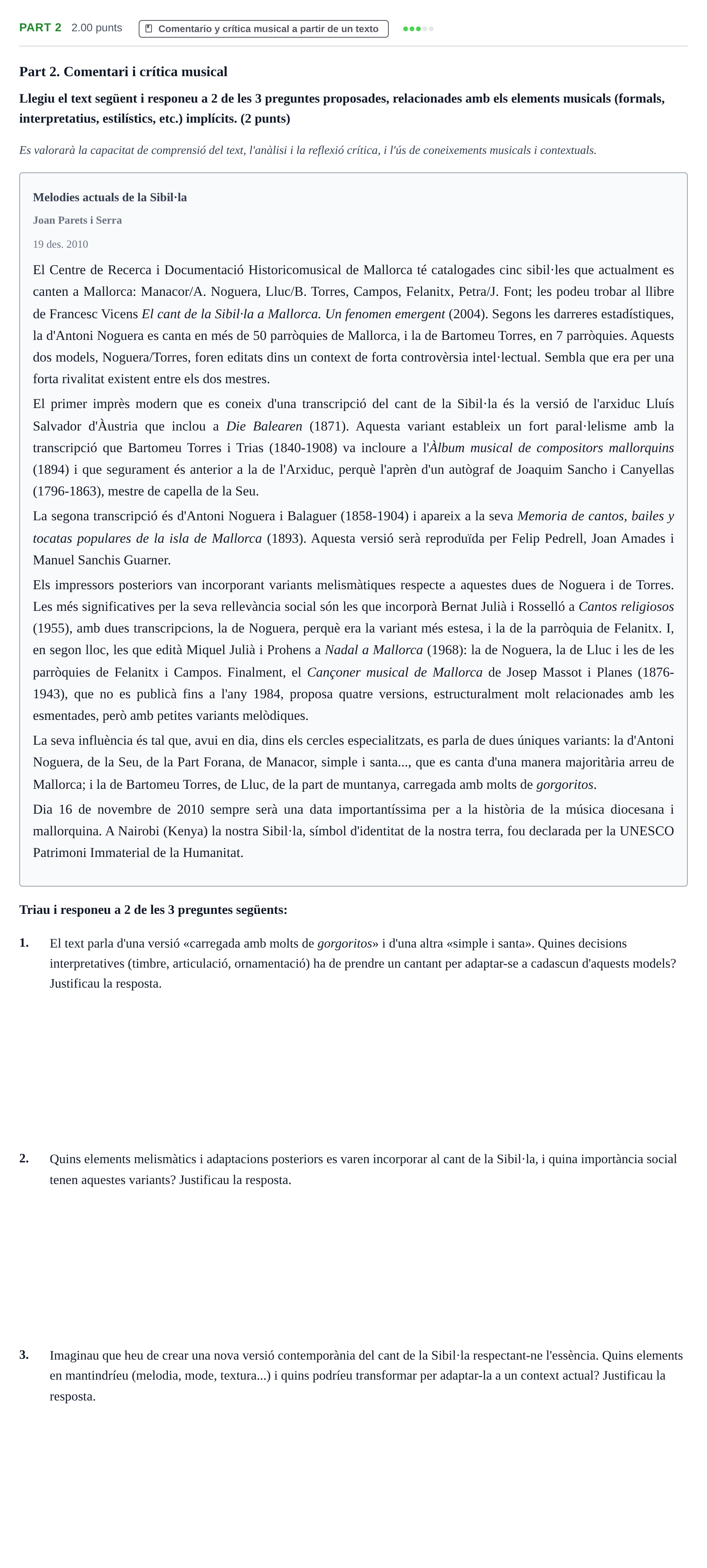 Enunciado: Part 2 · Análisis Musical II PAU Baleares Extraordinaria 2026