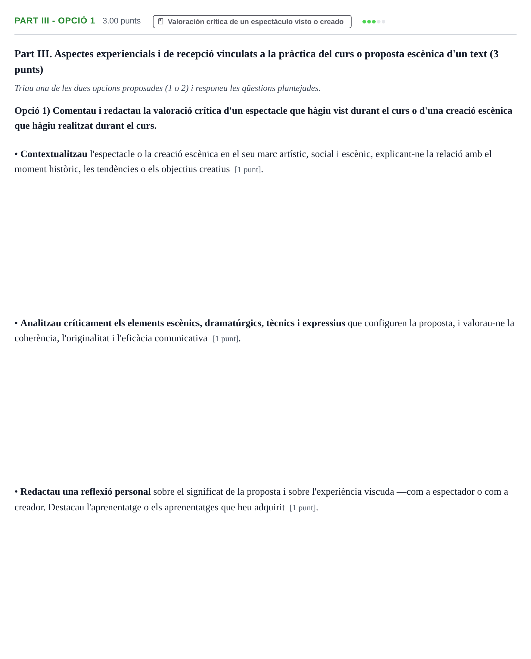 Enunciado: Part III - Opció 1 · Artes Escénicas PAU Baleares Extraordinaria 2026
