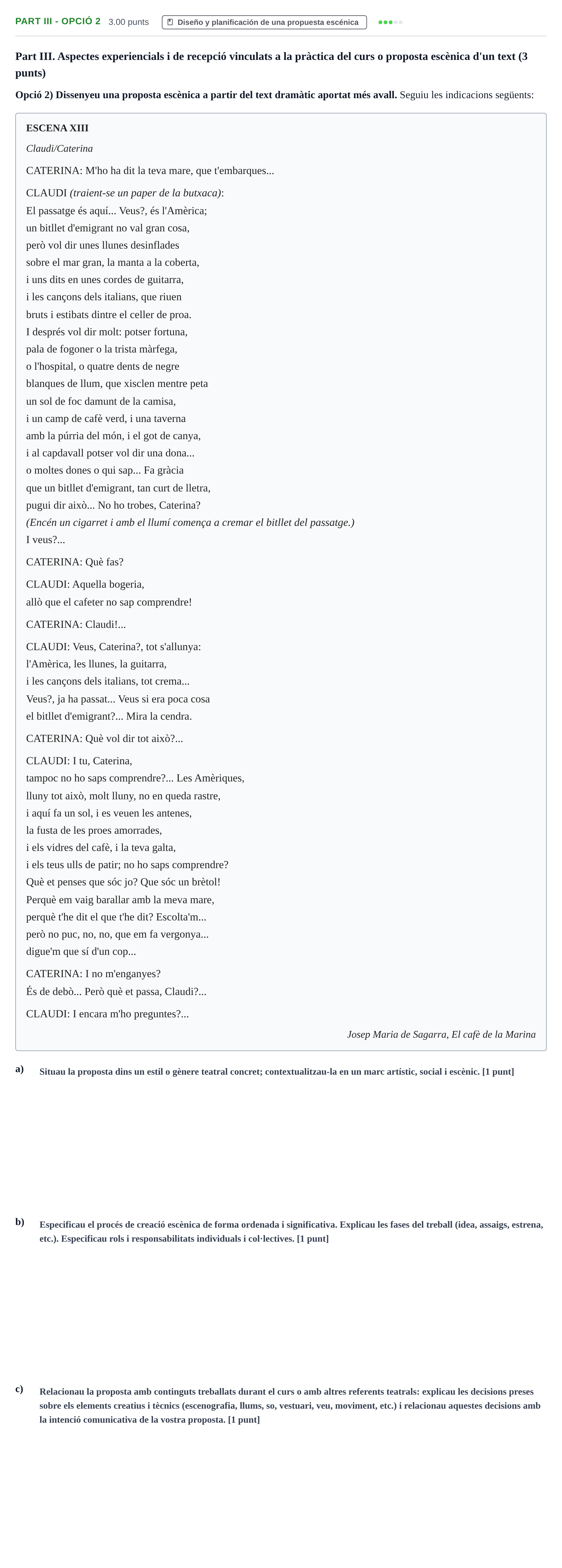Enunciado: Part III - Opció 2 · Artes Escénicas PAU Baleares Ordinaria 2026