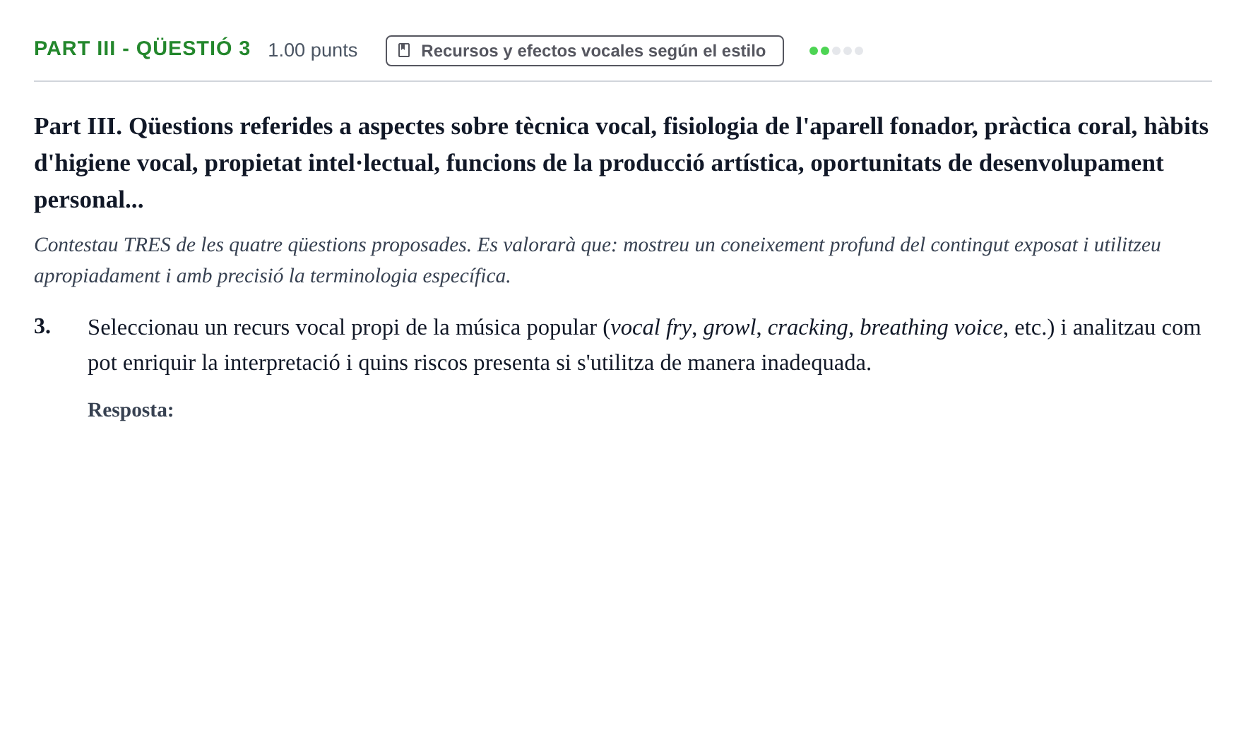 Enunciado: Part III - Qüestió 3 · Coro y Técnica Vocal PAU Baleares Extraordinaria 2026