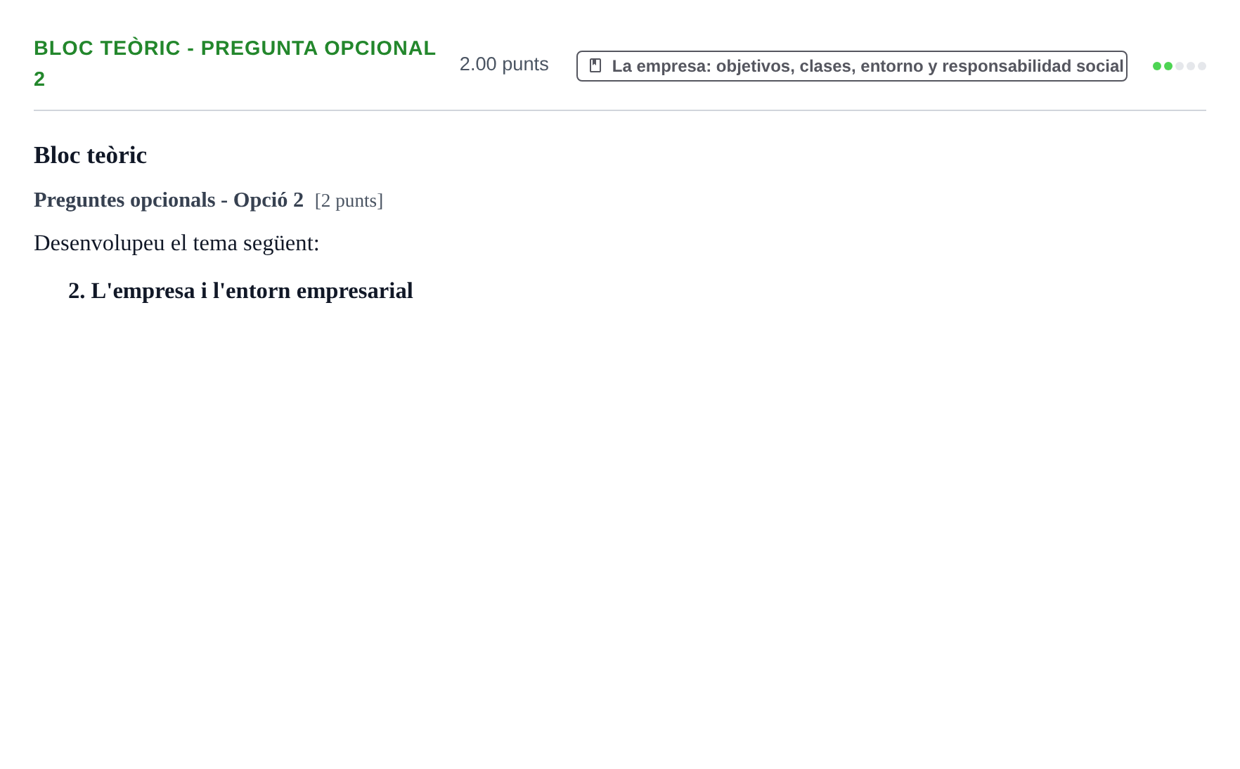 Enunciado: Ejercicio Bloc teòric - Pregunta opcional 2 · Empresa y Diseño de Modelos de Negocio PAU Baleares Ordinaria 2026
