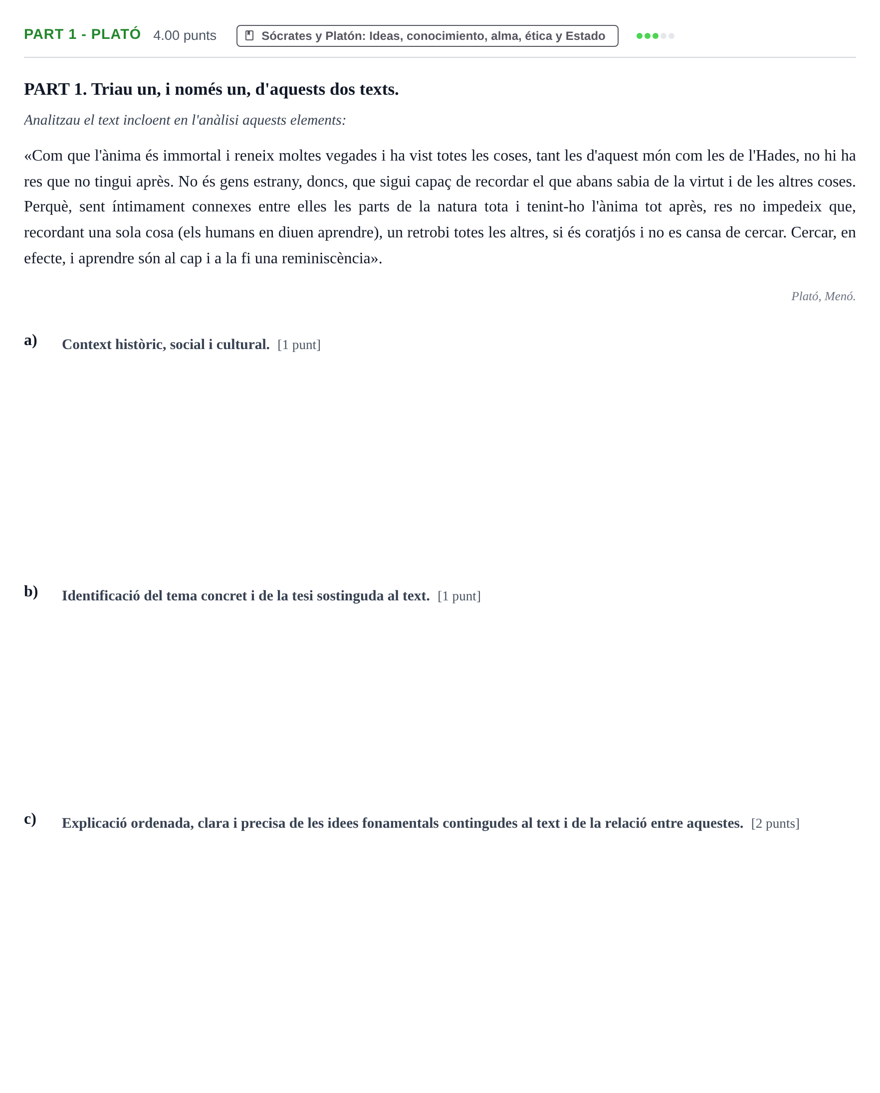 Enunciado: Part 1 - Plató · Historia de la Filosofía PAU Baleares Extraordinaria 2026