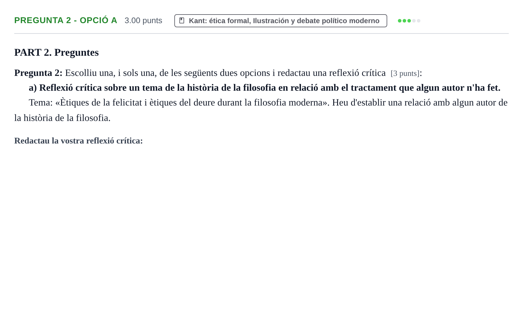 Enunciado: Pregunta 2 - Opció a · Historia de la Filosofía PAU Baleares Extraordinaria 2026