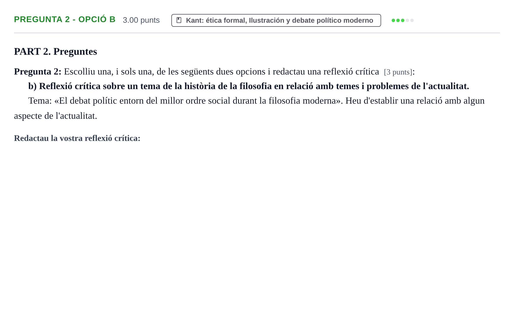 Enunciado: Pregunta 2 - Opció b · Historia de la Filosofía PAU Baleares Extraordinaria 2026