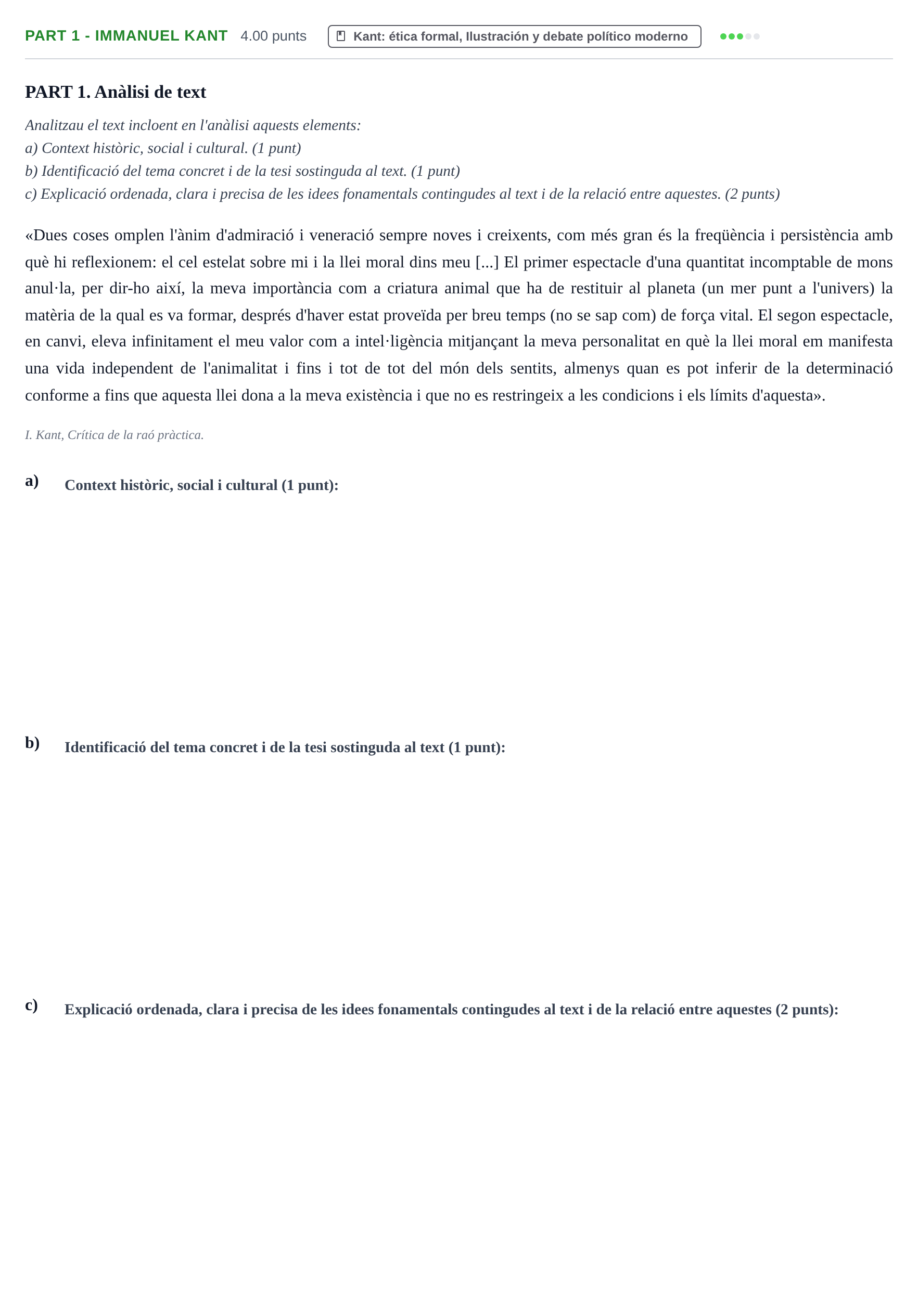 Enunciado: Part 1 - Immanuel Kant · Historia de la Filosofía PAU Baleares Ordinaria 2026