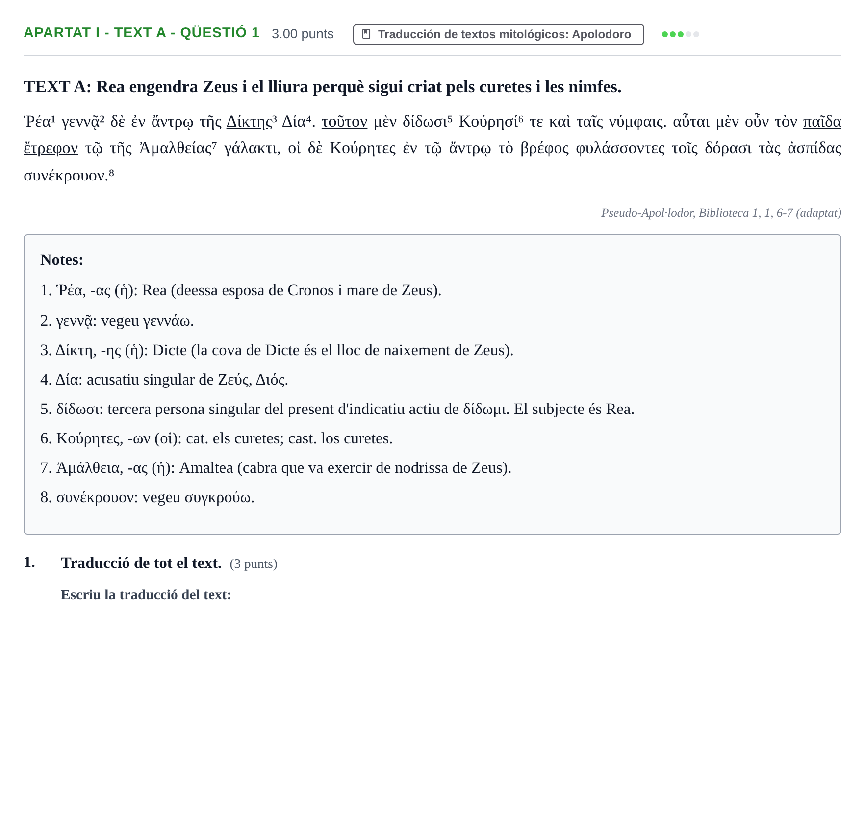 Enunciado: Ejercicio Apartat I - Text A - Qüestió 1 · Griego II PAU Baleares Extraordinaria 2026