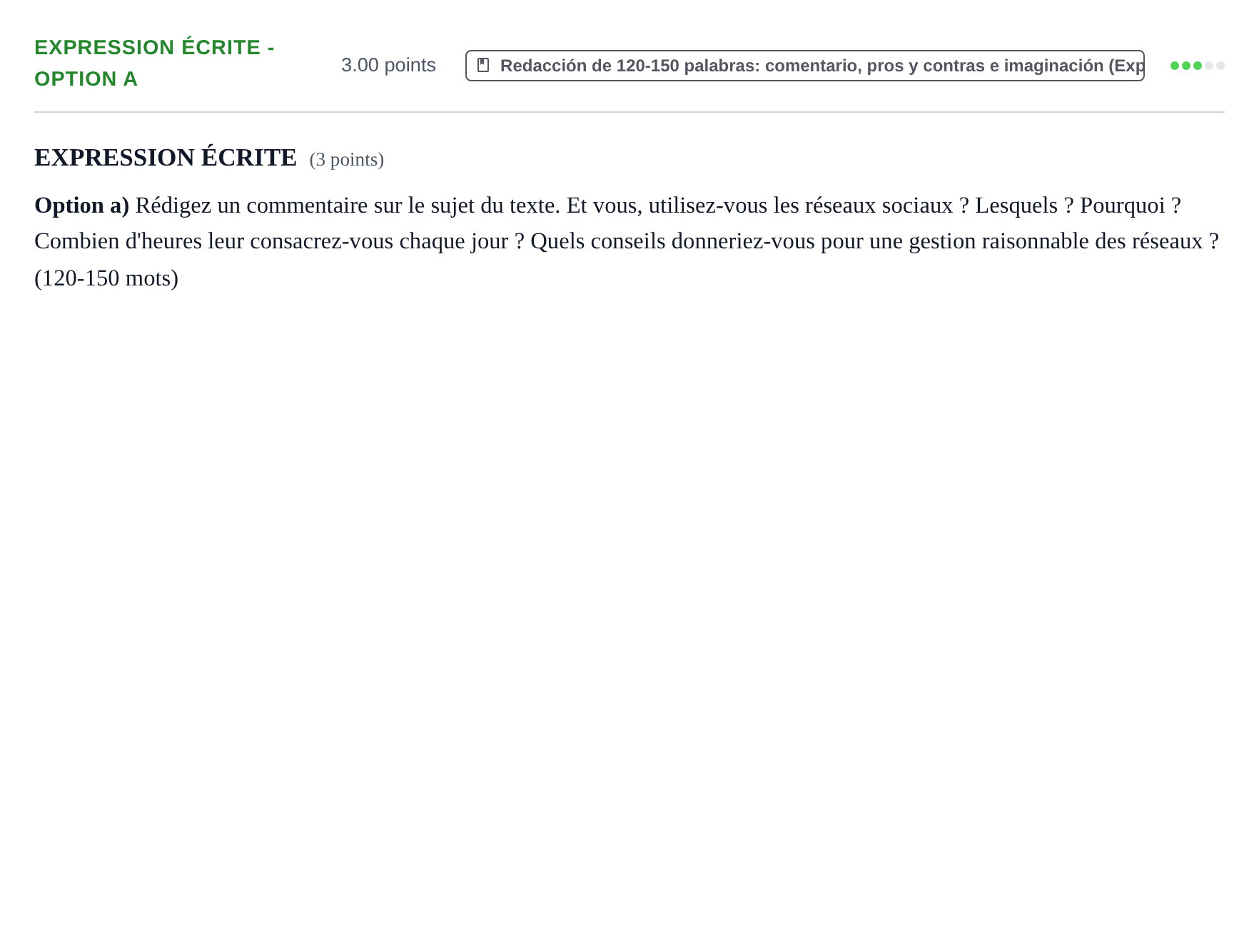 Enunciado: Ejercicio Expression écrite - Option a · Francés PAU Baleares Extraordinaria 2026