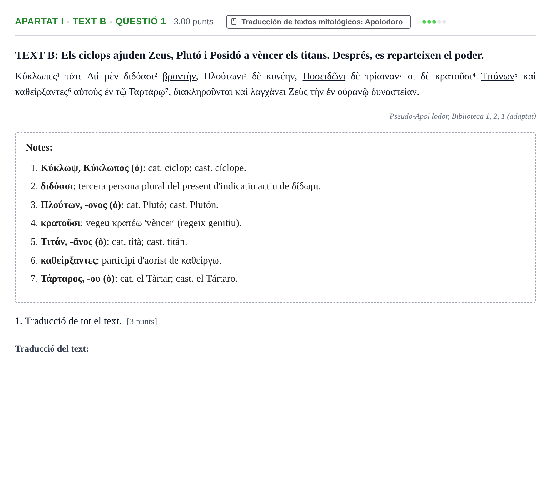 Enunciado: Ejercicio Apartat I - Text B - Qüestió 1 · Griego II PAU Baleares Ordinaria 2026