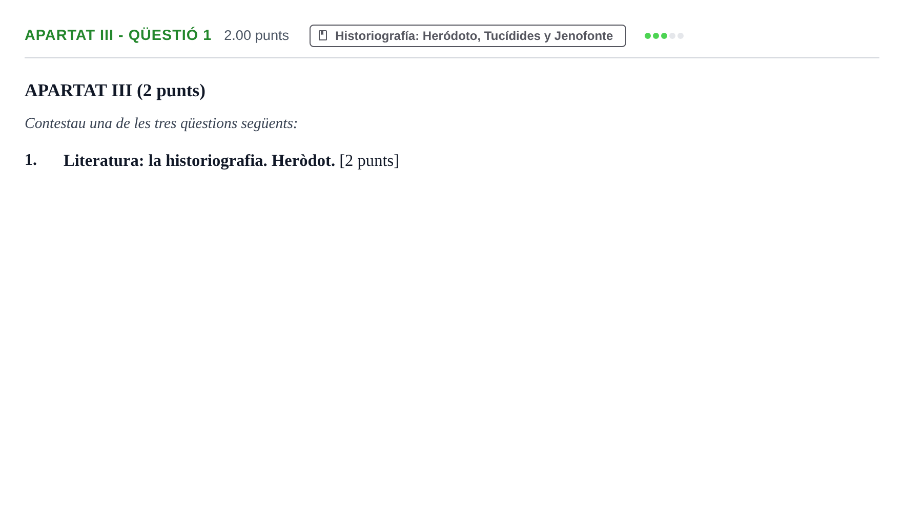 Enunciado: Ejercicio Apartat III - Qüestió 1 · Griego II PAU Baleares Ordinaria 2026