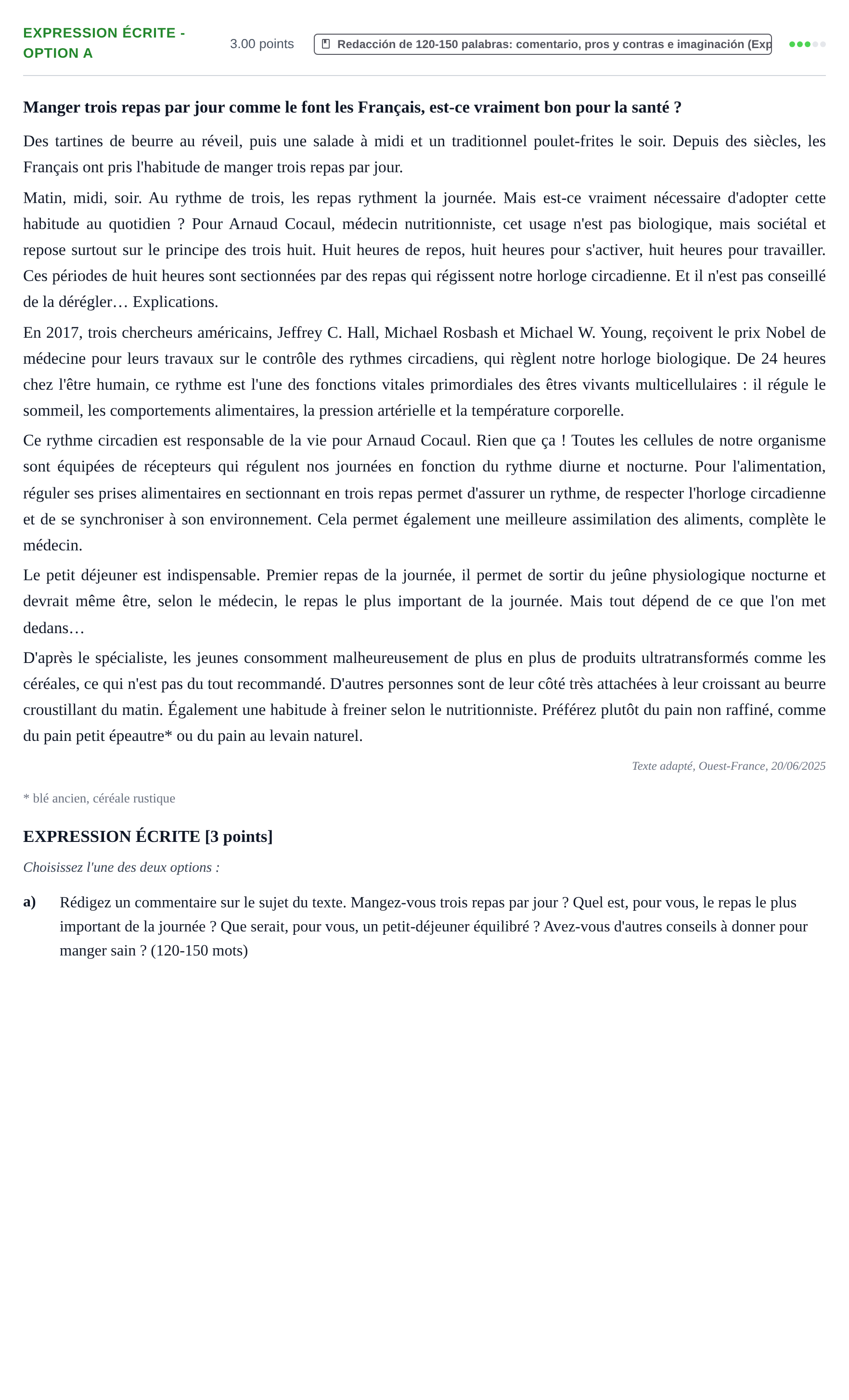 Enunciado: Ejercicio Expression écrite - Option a · Francés PAU Baleares Ordinaria 2026