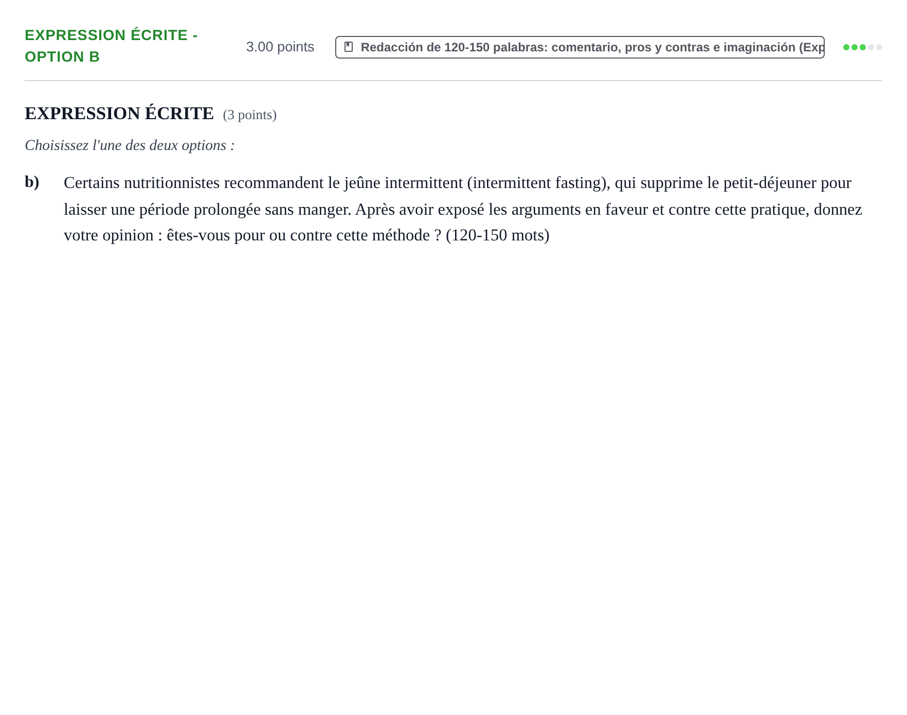 Enunciado: Ejercicio Expression écrite - Option b · Francés PAU Baleares Ordinaria 2026