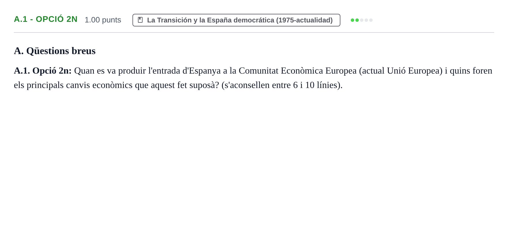 Enunciado: Ejercicio A.1 - Opció 2n · Historia de España PAU Baleares Extraordinaria 2026